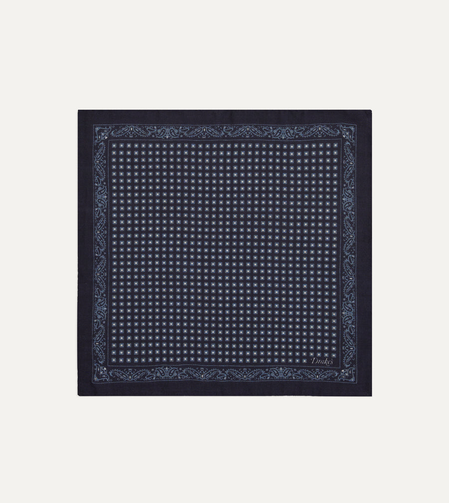 Navy Paisley Border Medallion Print Wool-Silk Pocket Square