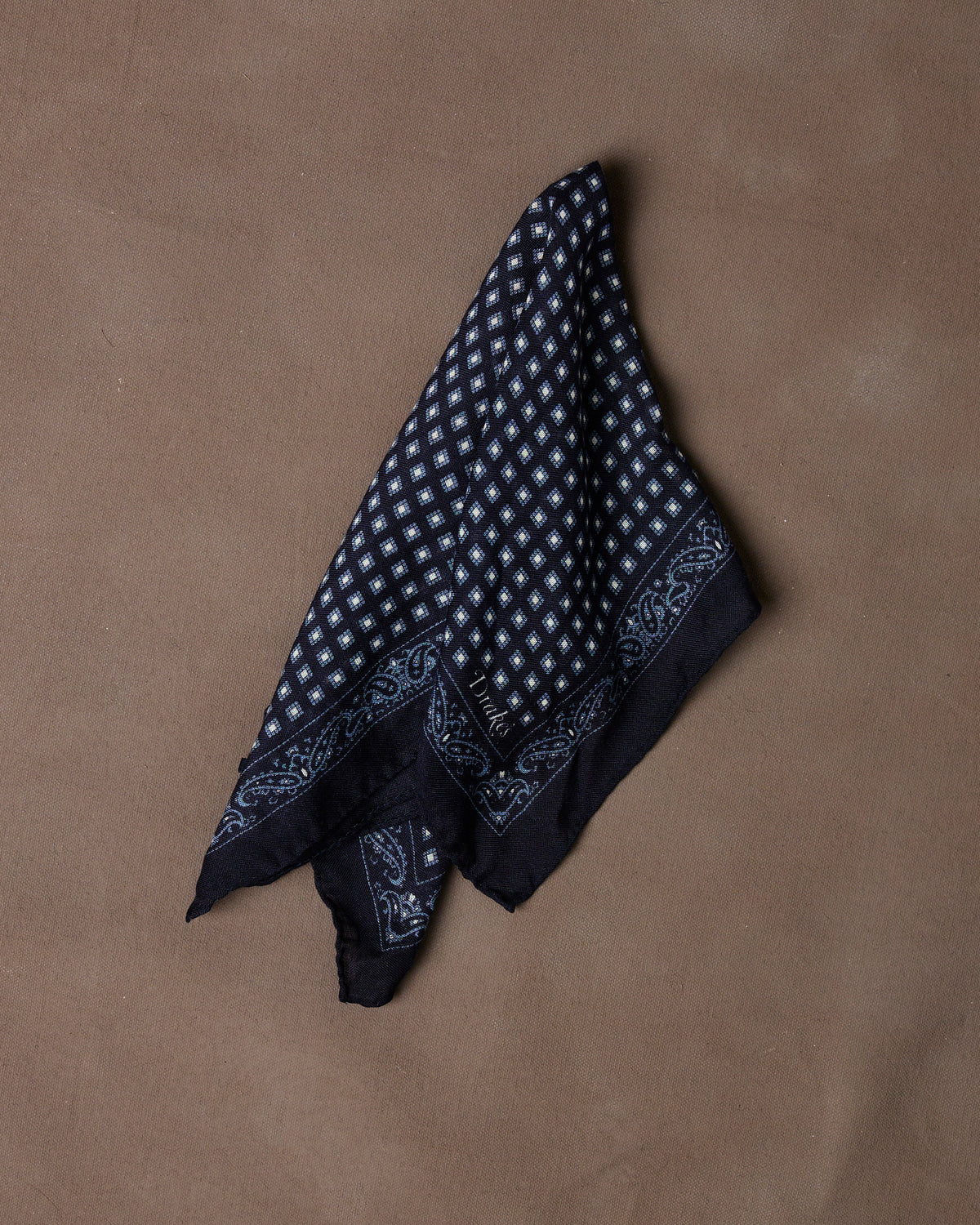 Navy Paisley Border Medallion Print Wool-Silk Pocket Square