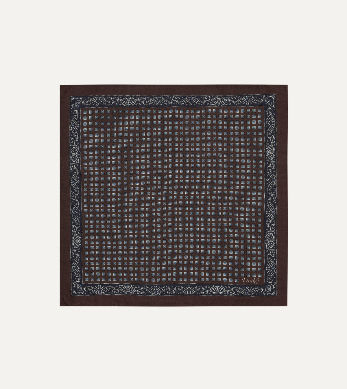 Brown Paisley Border Medallion Print Wool-Silk Pocket Square