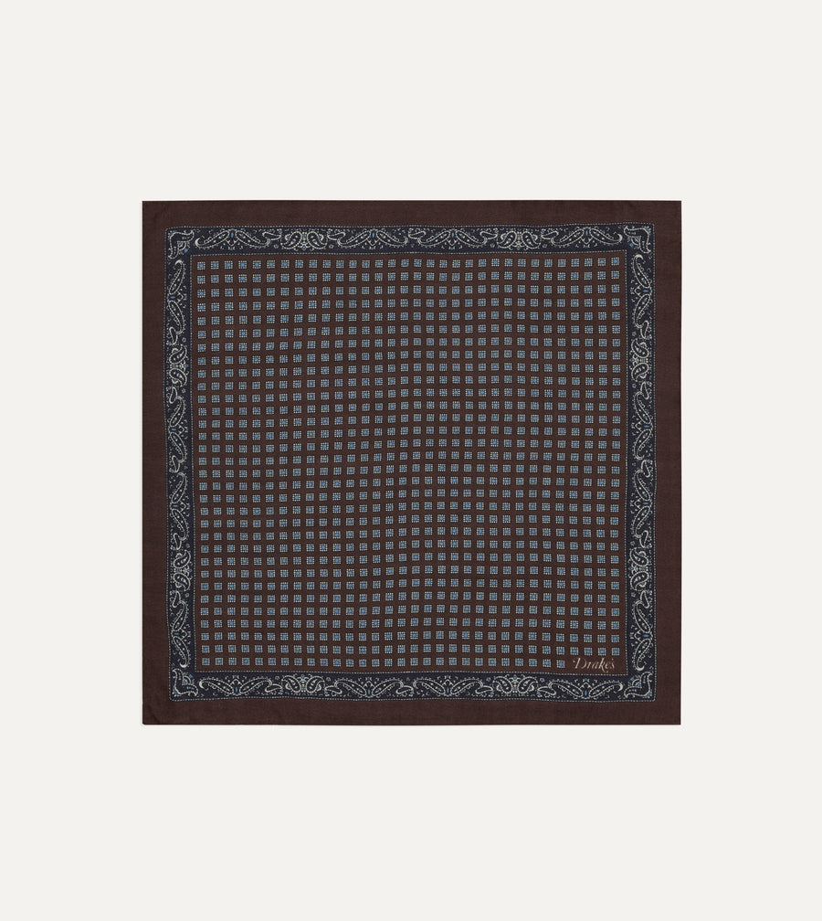 Brown Paisley Border Medallion Print Wool-Silk Pocket Square