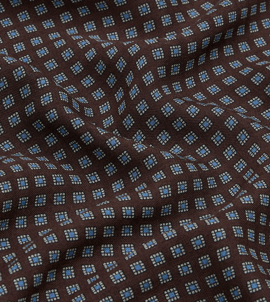 Brown Paisley Border Medallion Print Wool-Silk Pocket Square