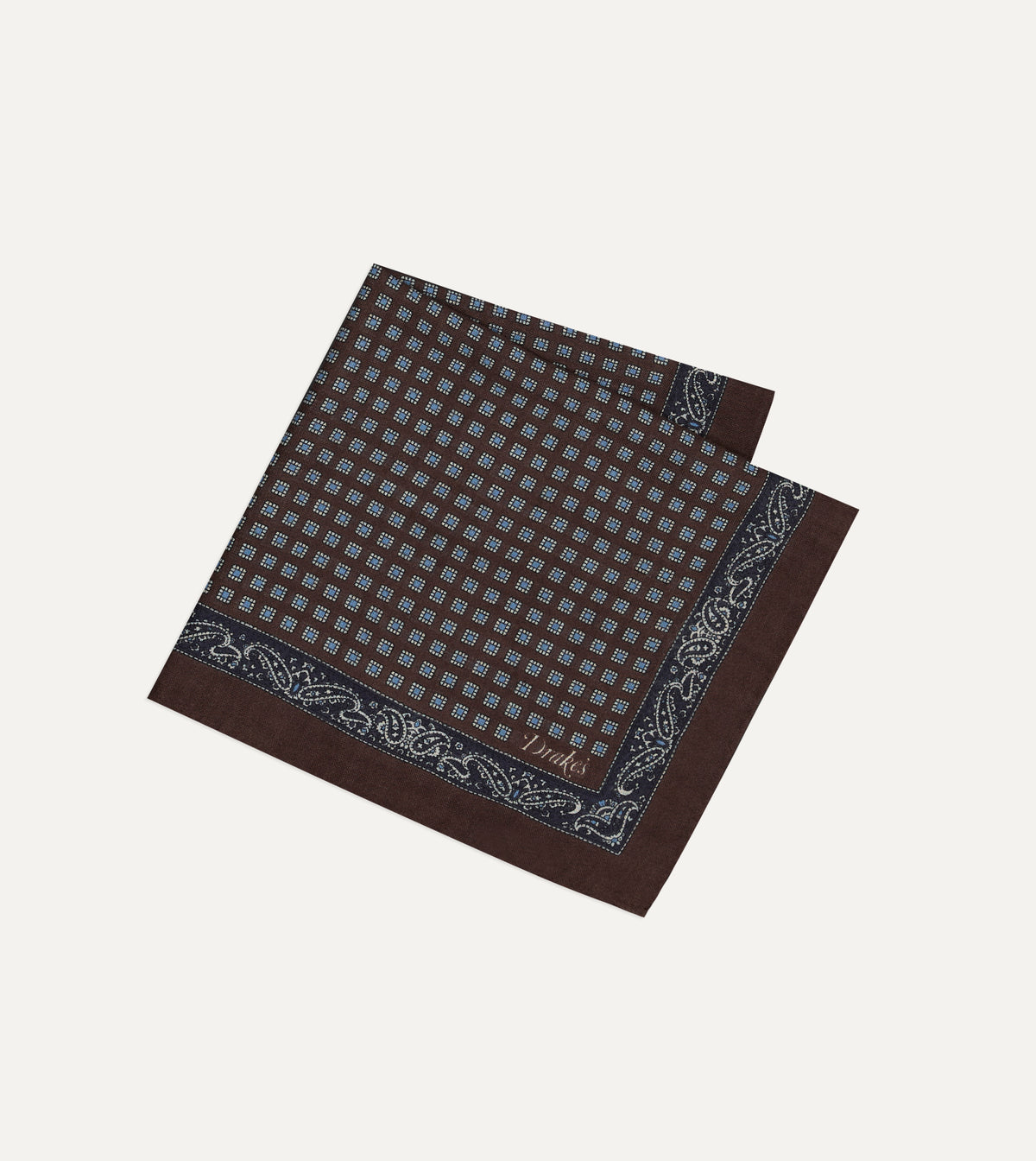 Brown Paisley Border Medallion Print Wool-Silk Pocket Square