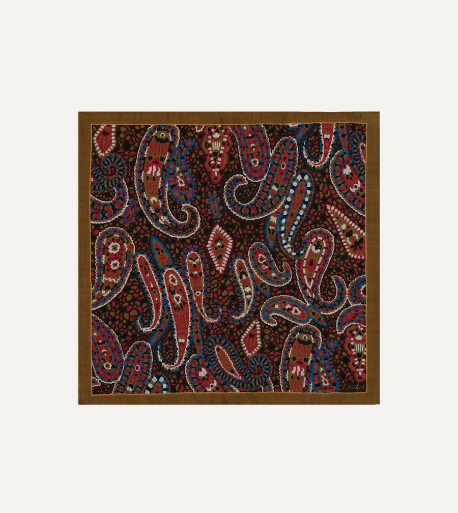 Brown Mosaic Paisley Print Wool-Silk Pocket Square