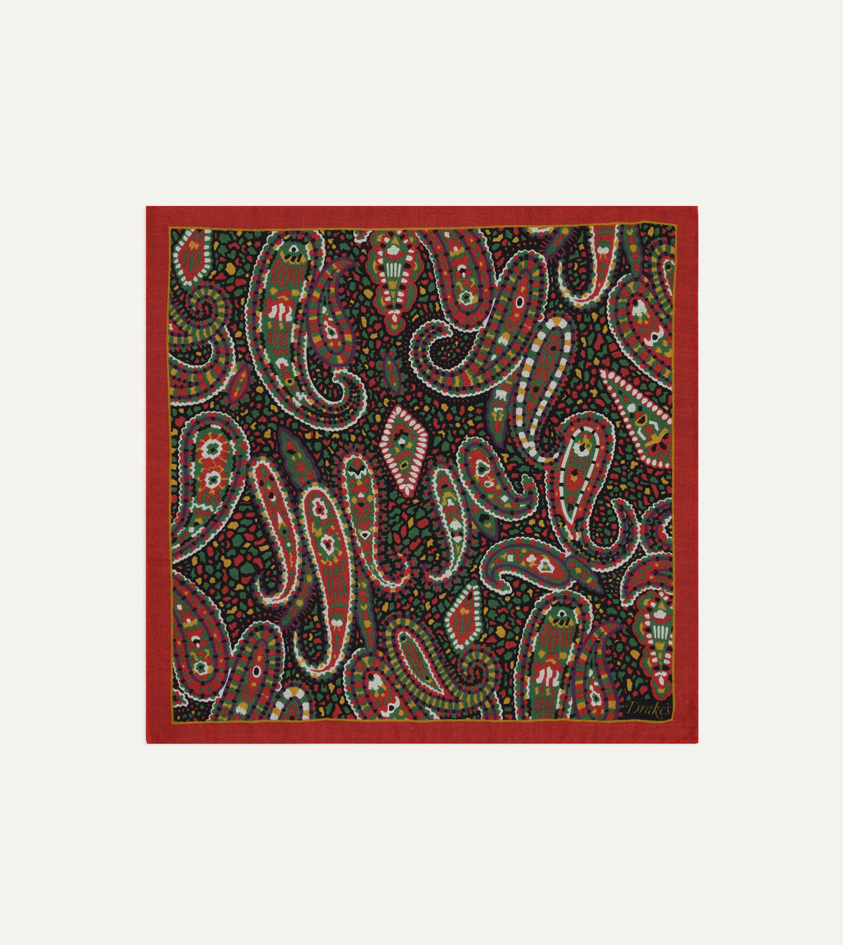 Red Mosaic Paisley Print Wool-Silk Pocket Square