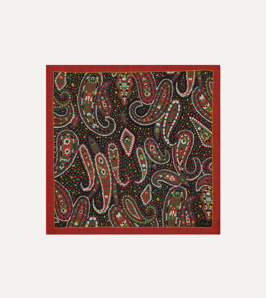 Red Mosaic Paisley Print Wool-Silk Pocket Square