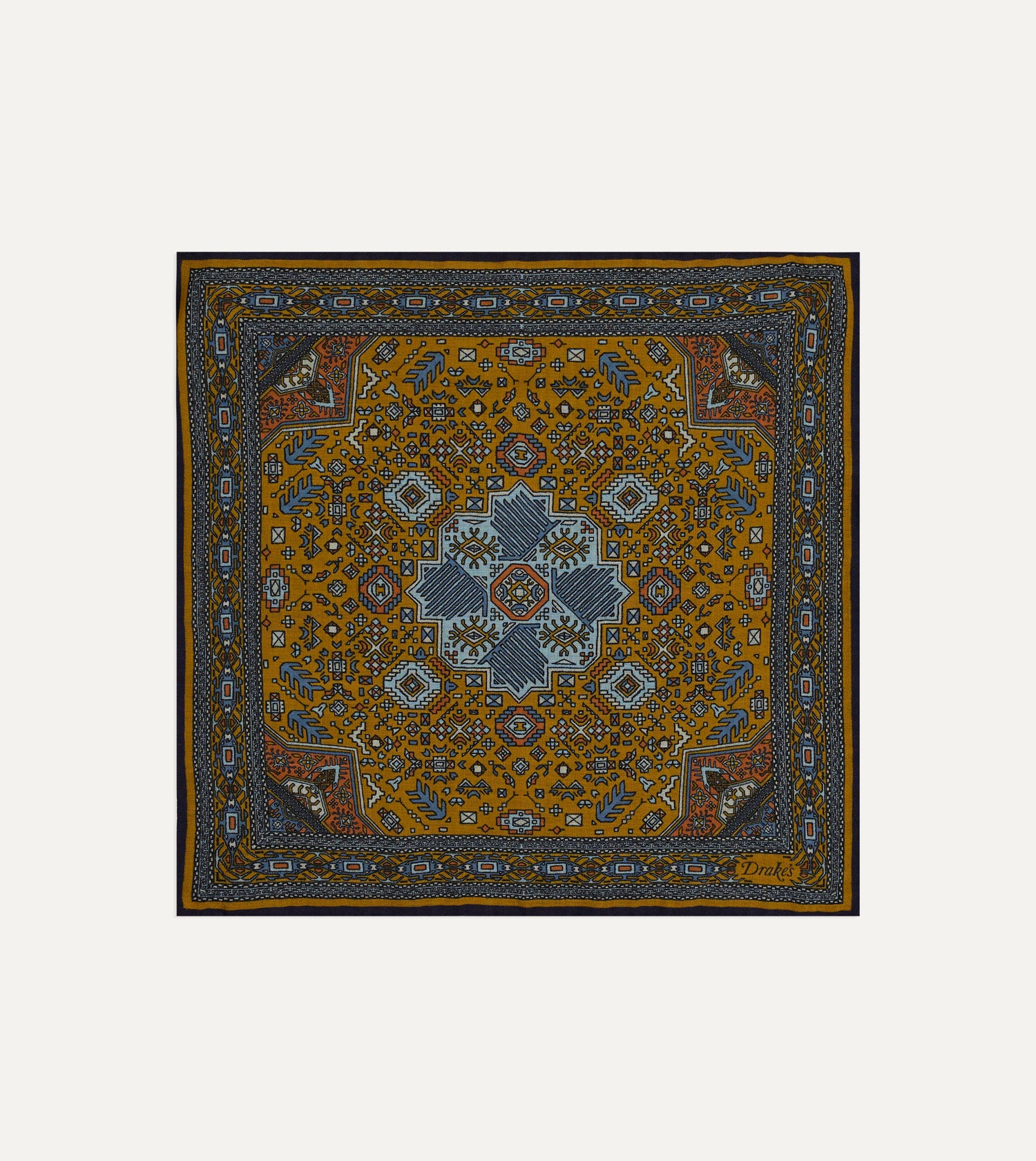 Yellow and Navy Kelim Print Wool-Silk Pocket Square