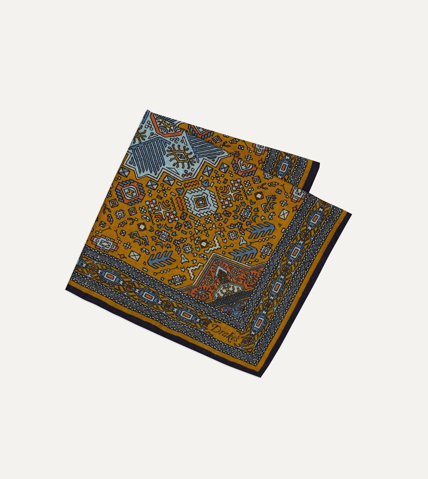 Yellow and Navy Kelim Print Wool-Silk Pocket Square