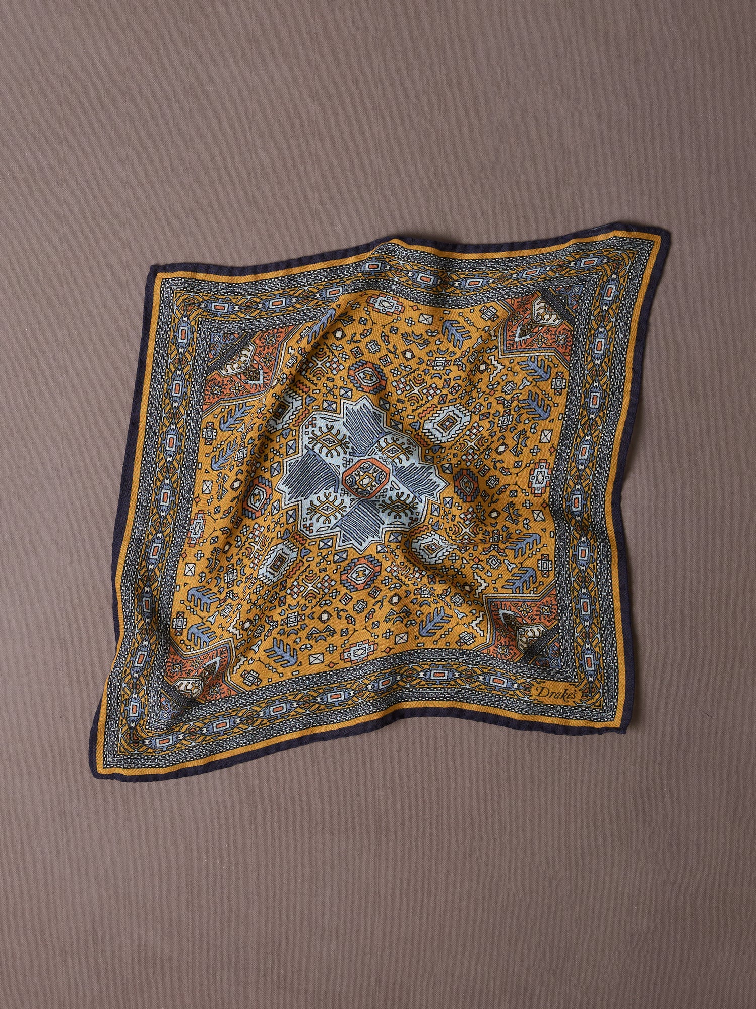 Yellow and Navy Kelim Print Wool-Silk Pocket Square