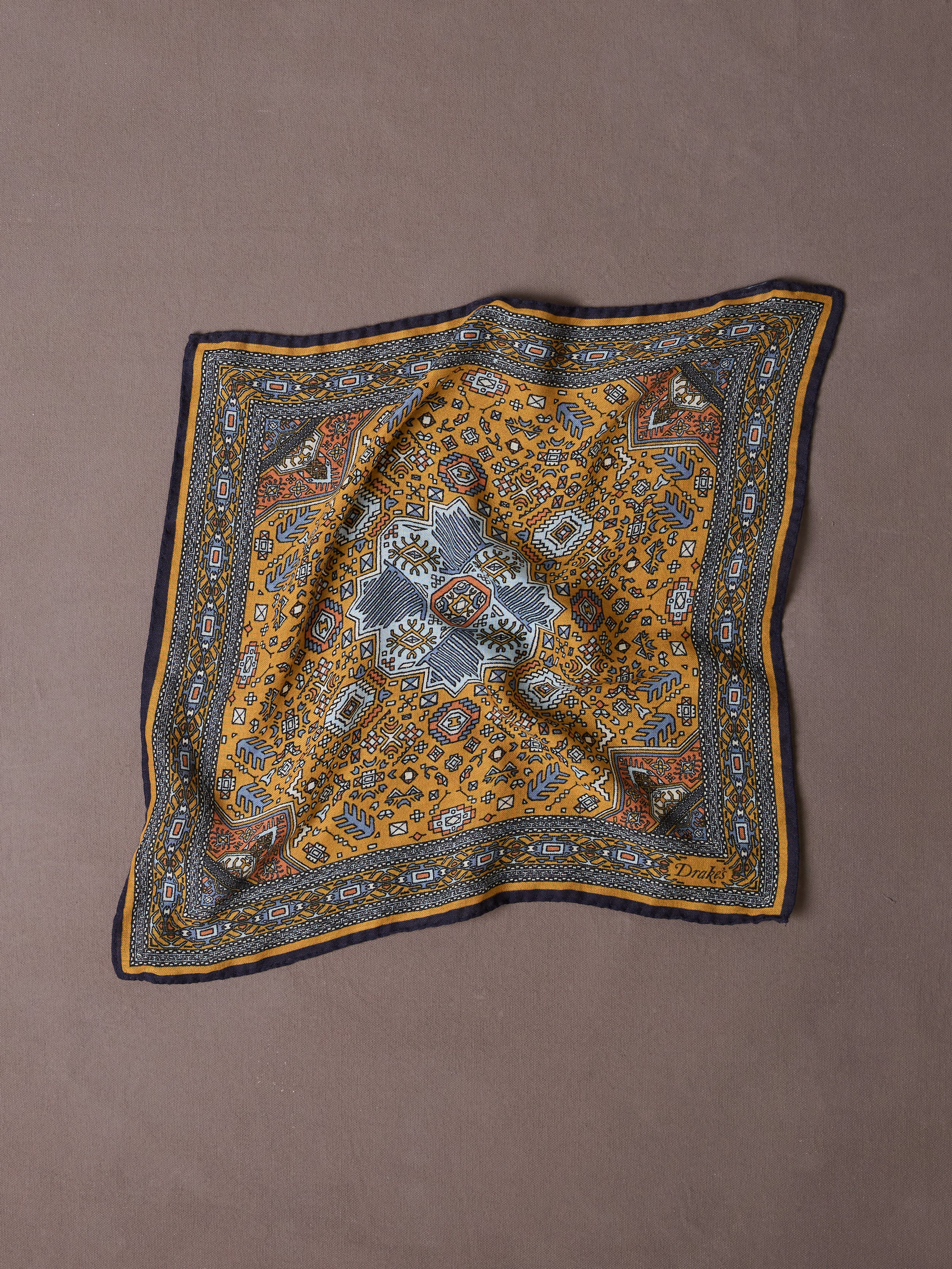 Yellow and Navy Kelim Print Wool-Silk Pocket Square