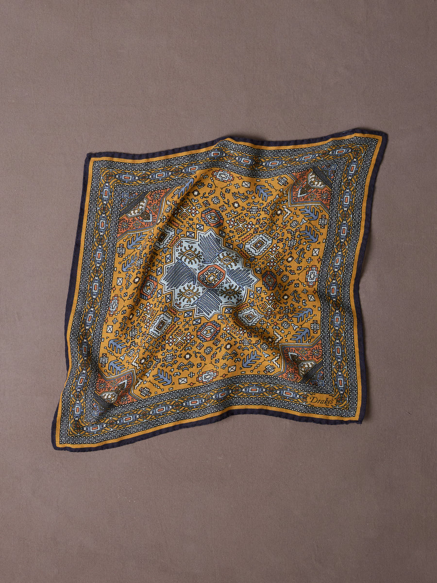 Yellow and Navy Kelim Print Wool-Silk Pocket Square