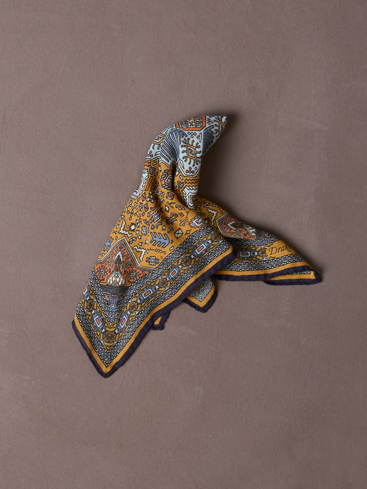 Yellow and Navy Kelim Print Wool-Silk Pocket Square