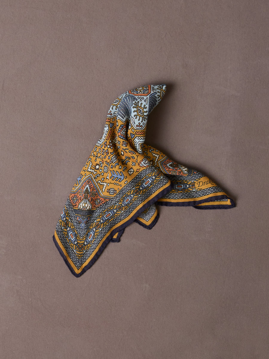 Yellow and Navy Kelim Print Wool-Silk Pocket Square