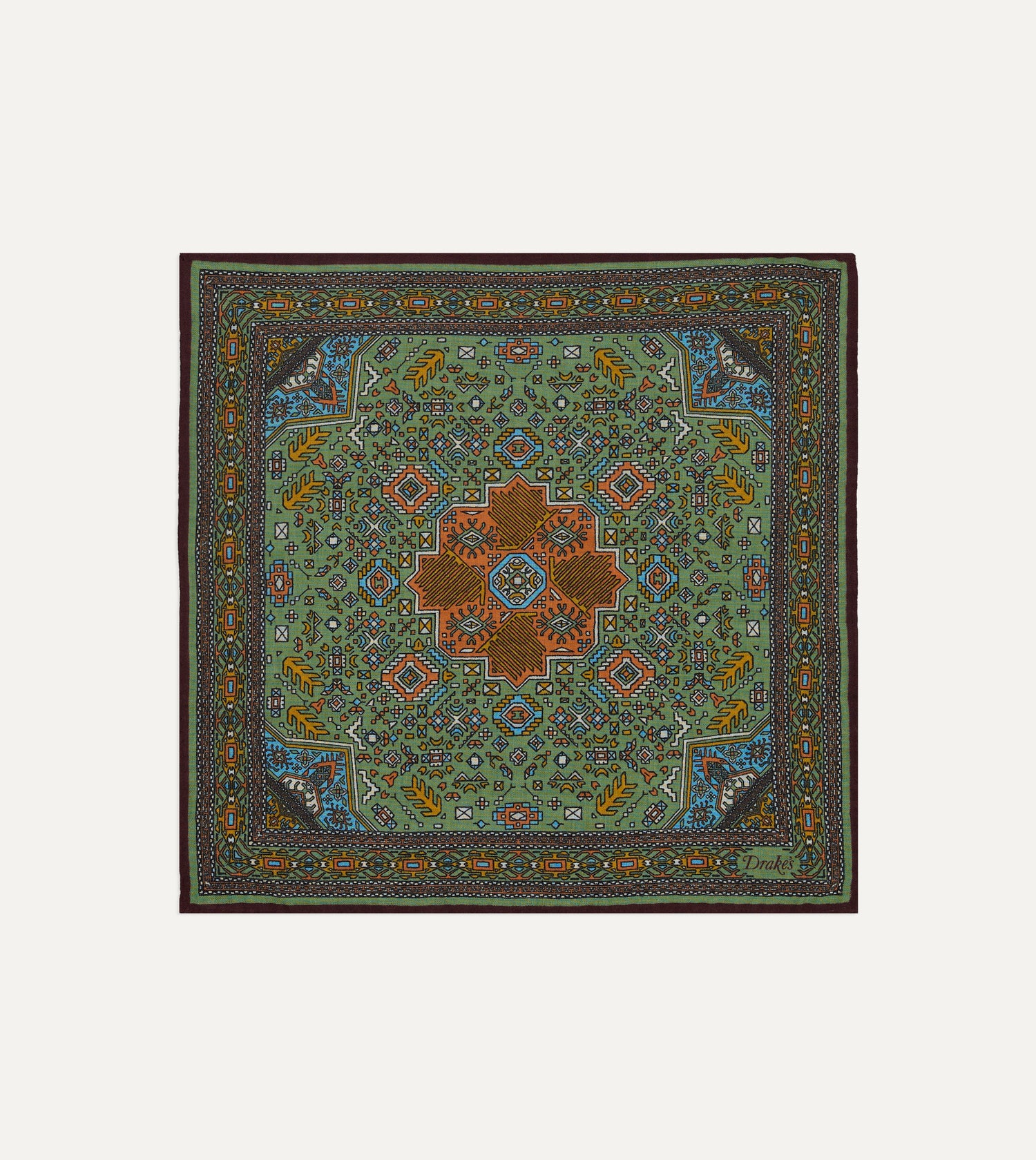 Olive and Burgundy Kelim Print Wool-Silk Pocket Square
