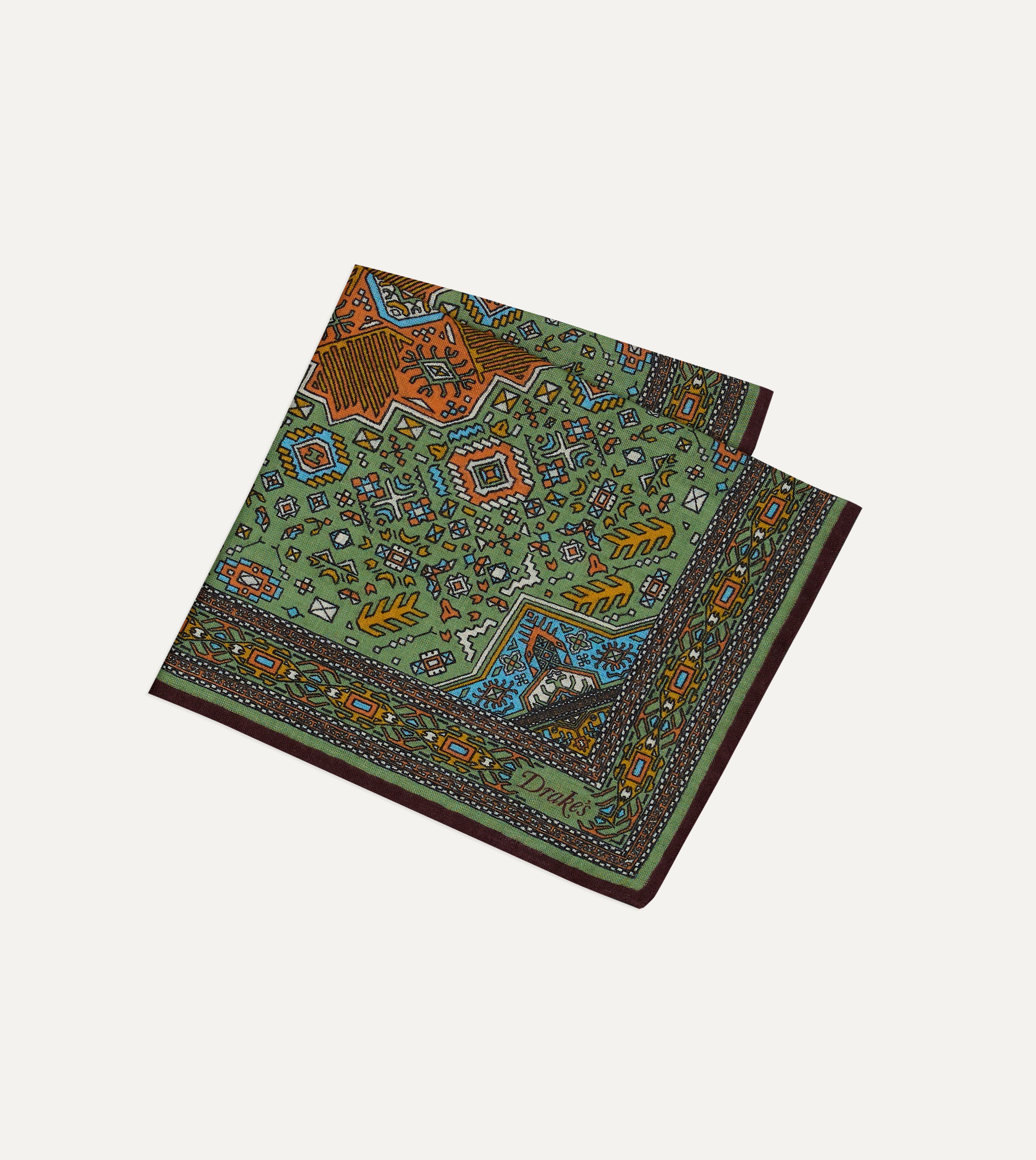 Olive and Burgundy Kelim Print Wool-Silk Pocket Square