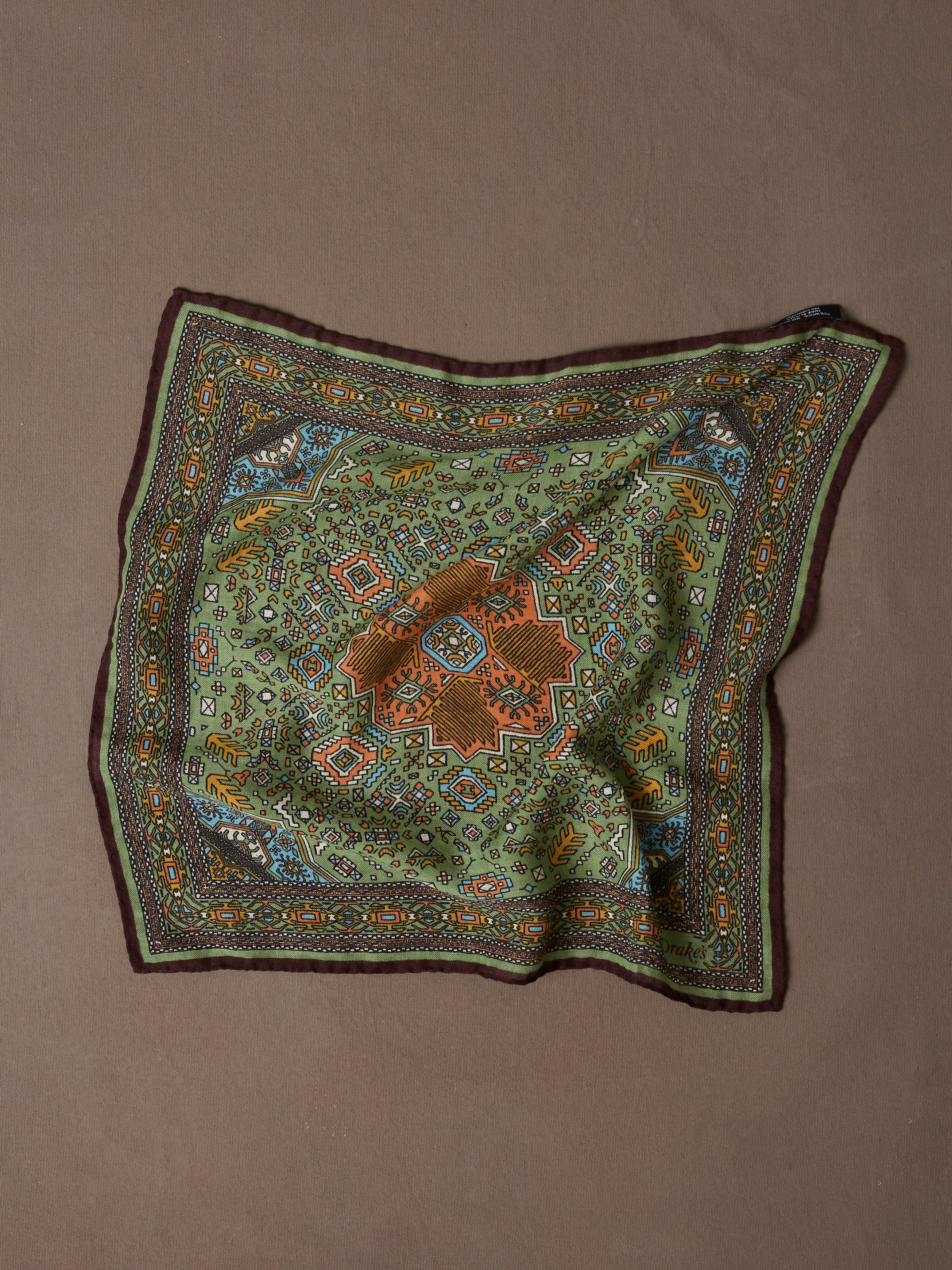 Olive and Burgundy Kelim Print Wool-Silk Pocket Square