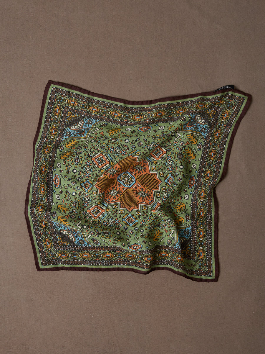 Olive and Burgundy Kelim Print Wool-Silk Pocket Square