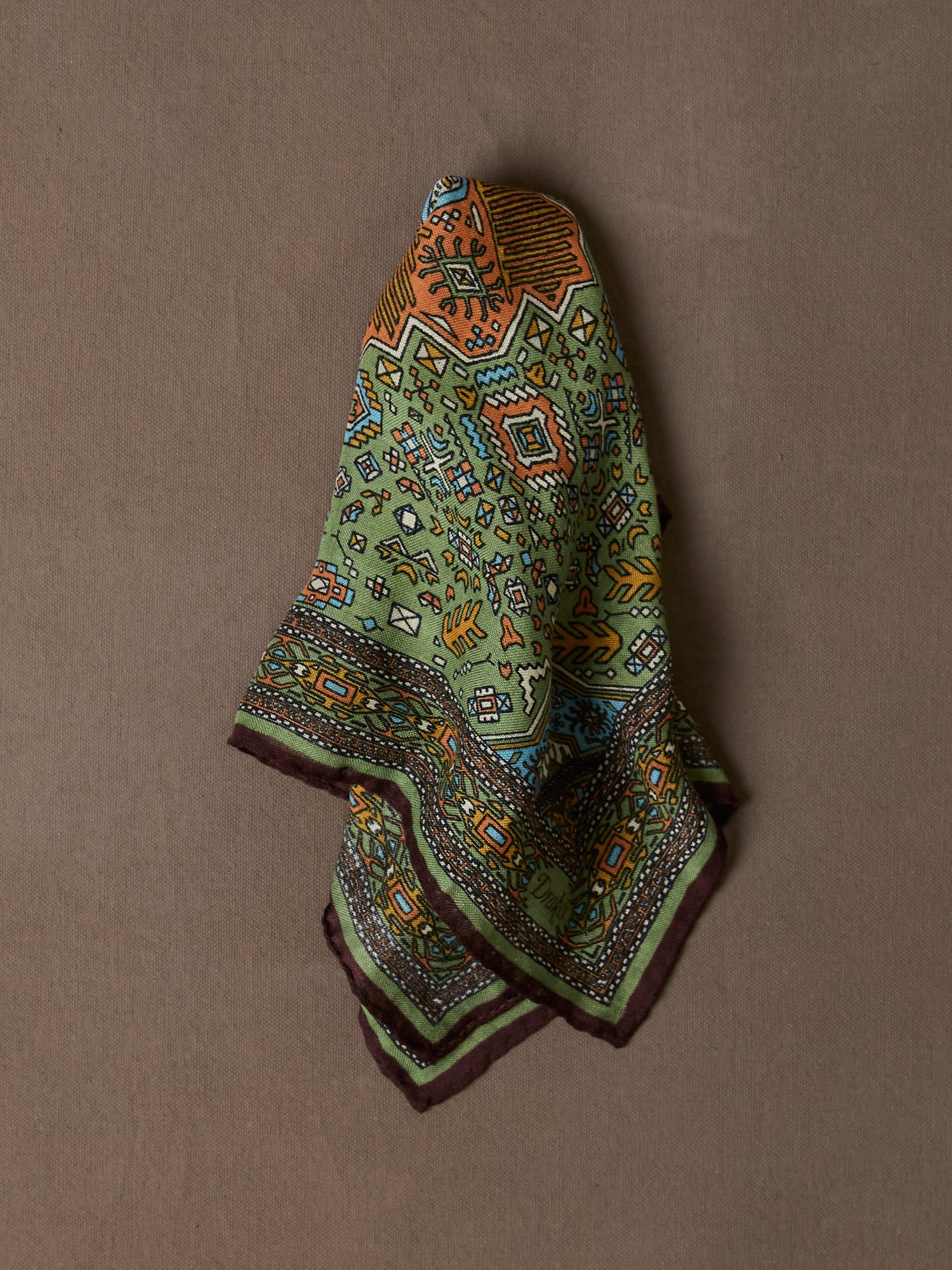 Olive and Burgundy Kelim Print Wool-Silk Pocket Square