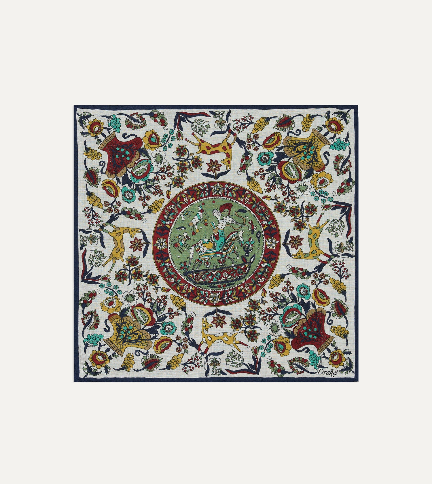 Ecru Folk Rider Print Wool-Silk Pocket Square