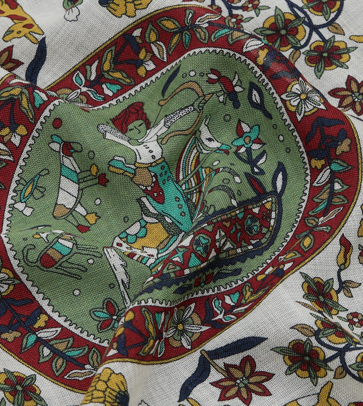 Ecru Folk Rider Print Wool-Silk Pocket Square