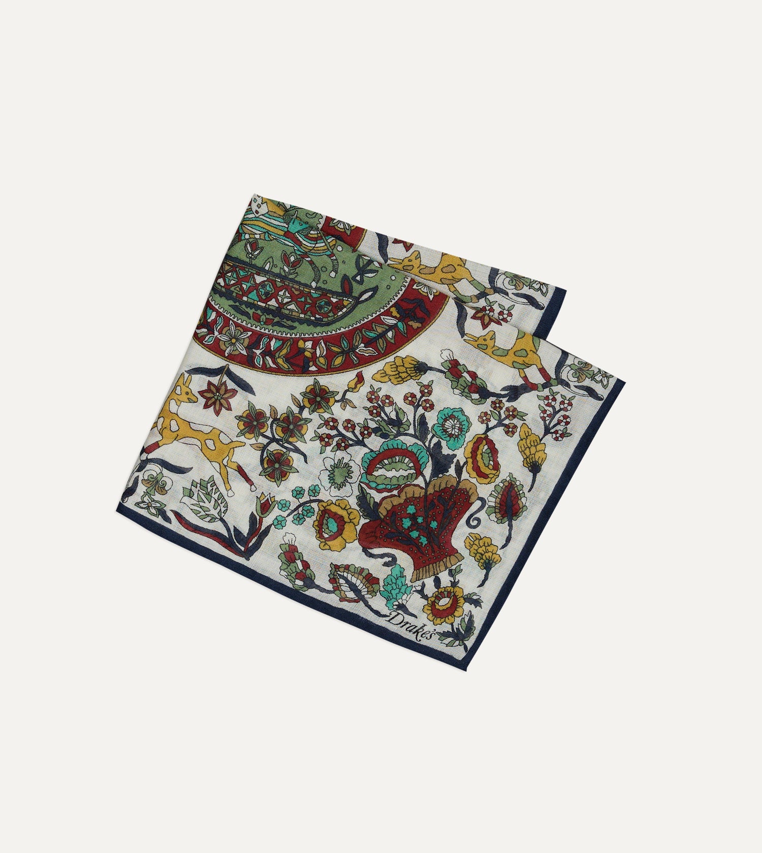 Ecru Folk Rider Print Wool-Silk Pocket Square