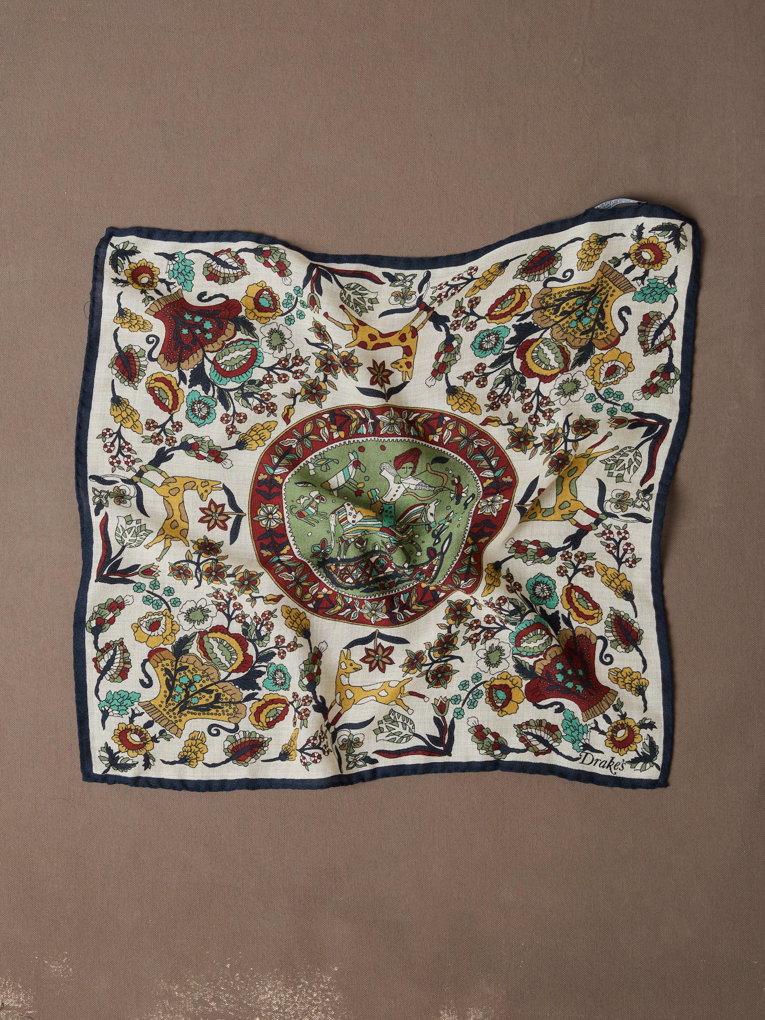 Ecru Folk Rider Print Wool-Silk Pocket Square