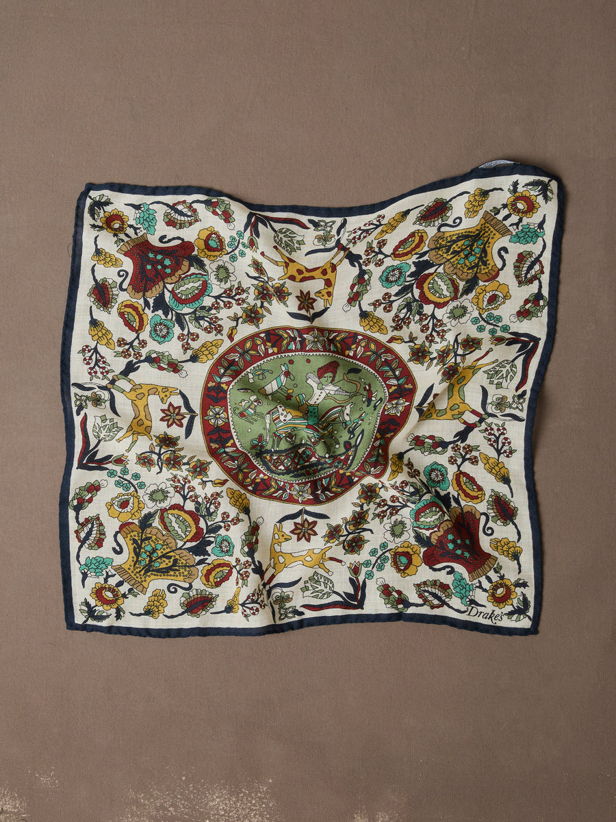 Ecru Folk Rider Print Wool-Silk Pocket Square
