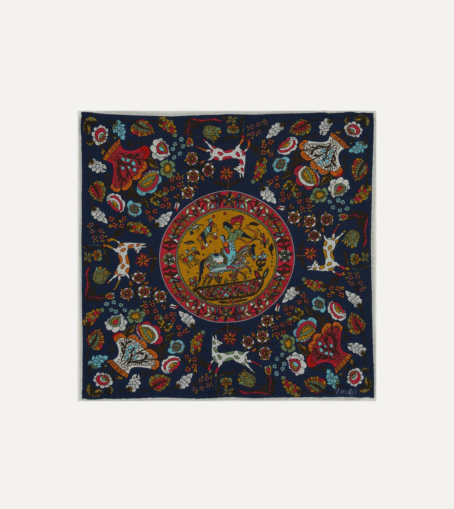 Navy Folk Rider Print Wool-Silk Pocket Square