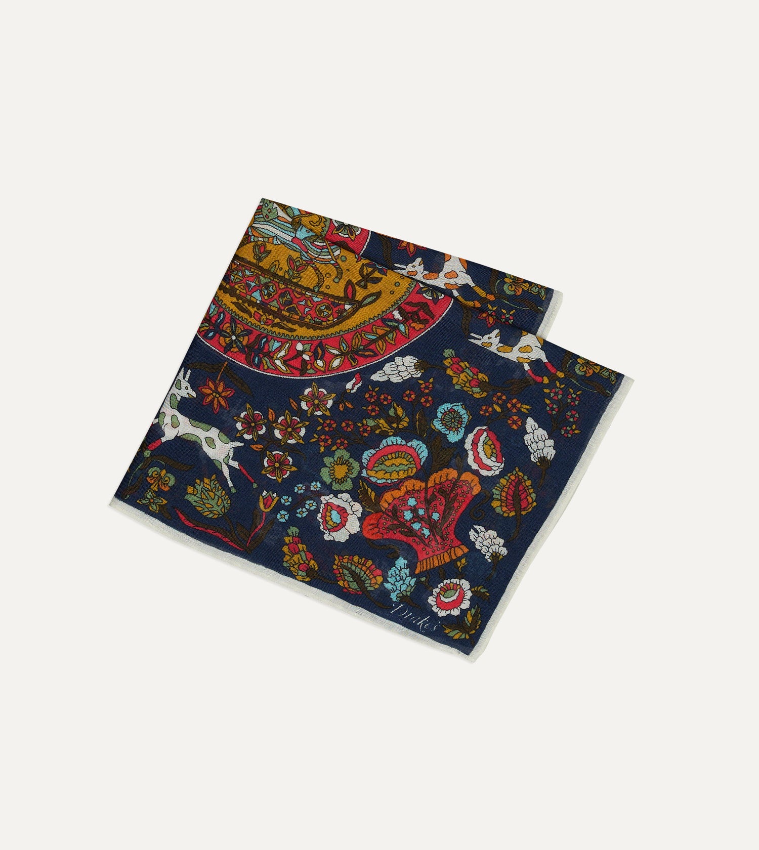 Navy Folk Rider Print Wool-Silk Pocket Square