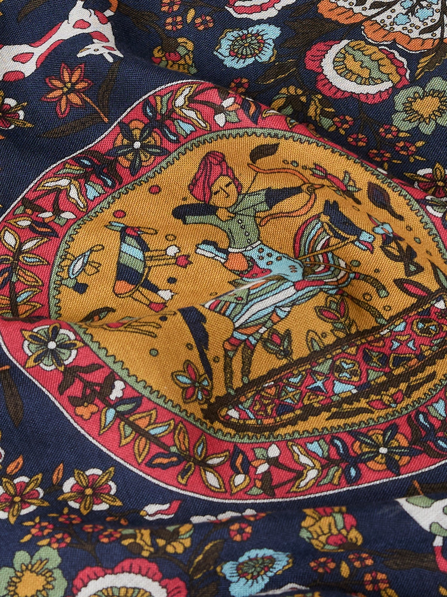Navy Folk Rider Print Wool-Silk Pocket Square