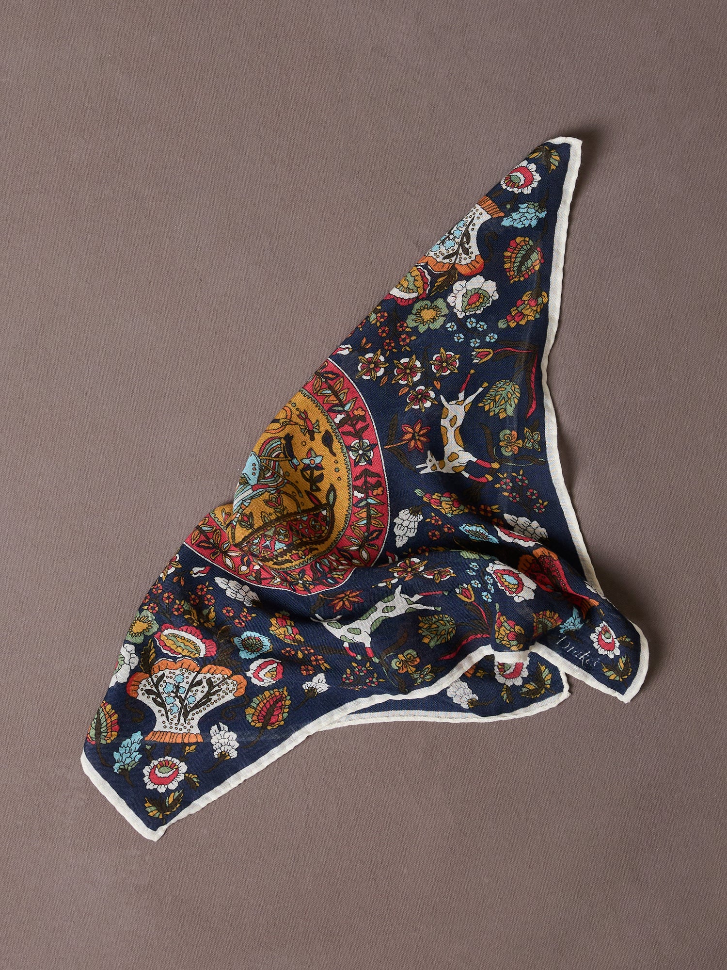 Navy Folk Rider Print Wool-Silk Pocket Square