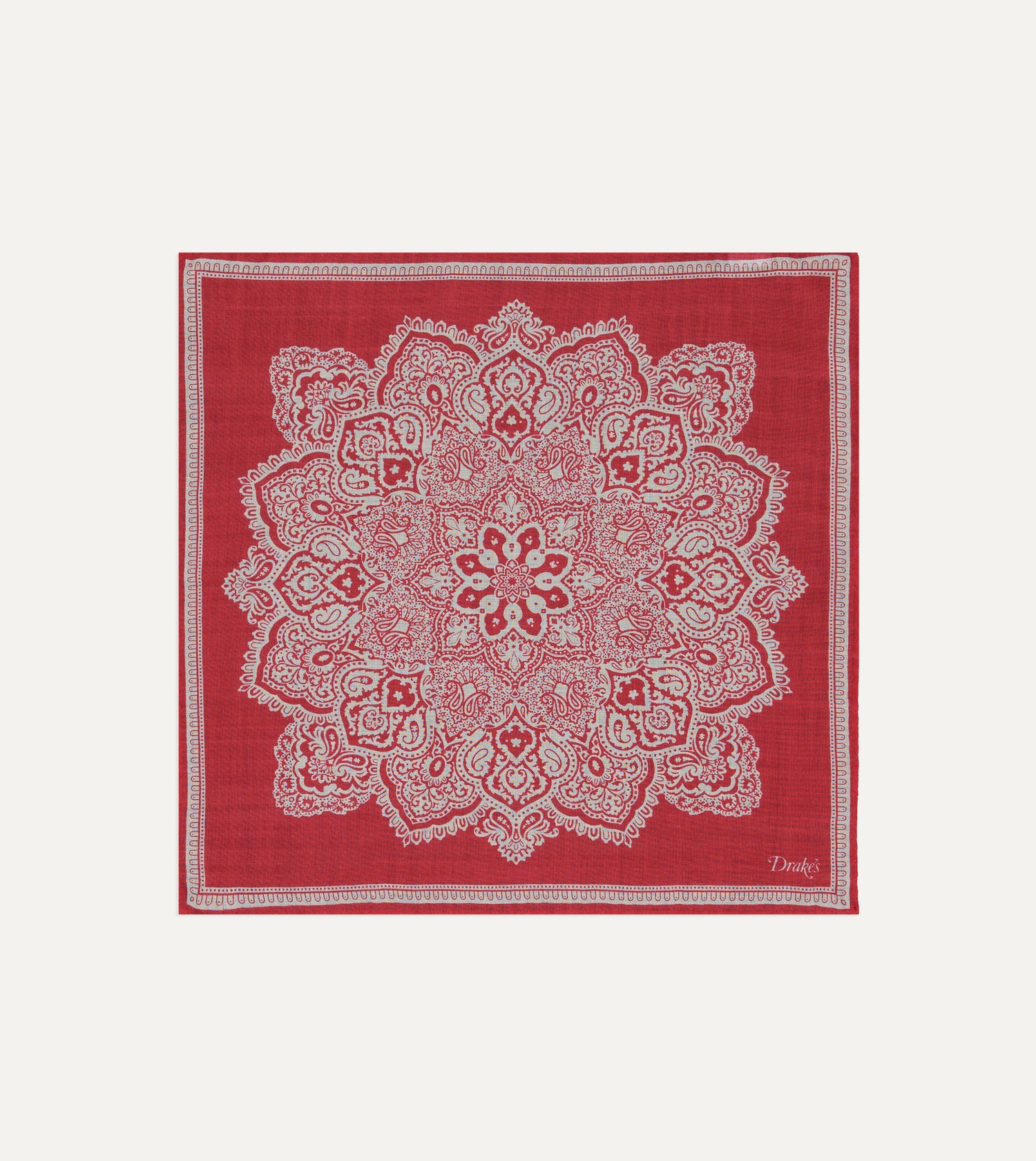 Red Paisley Tile Print Wool-Silk Pocket Square
