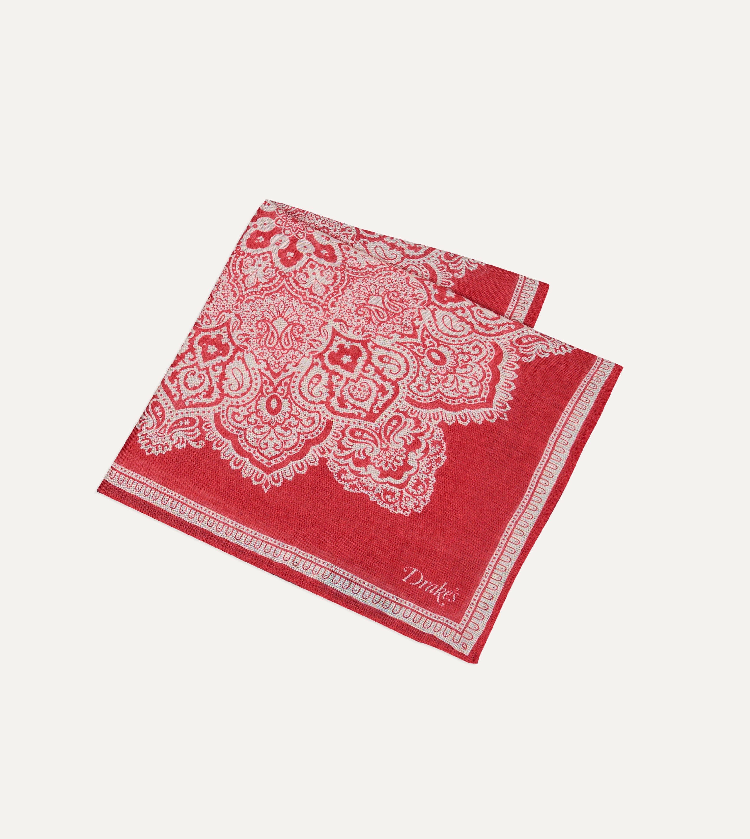 Red Paisley Tile Print Wool-Silk Pocket Square