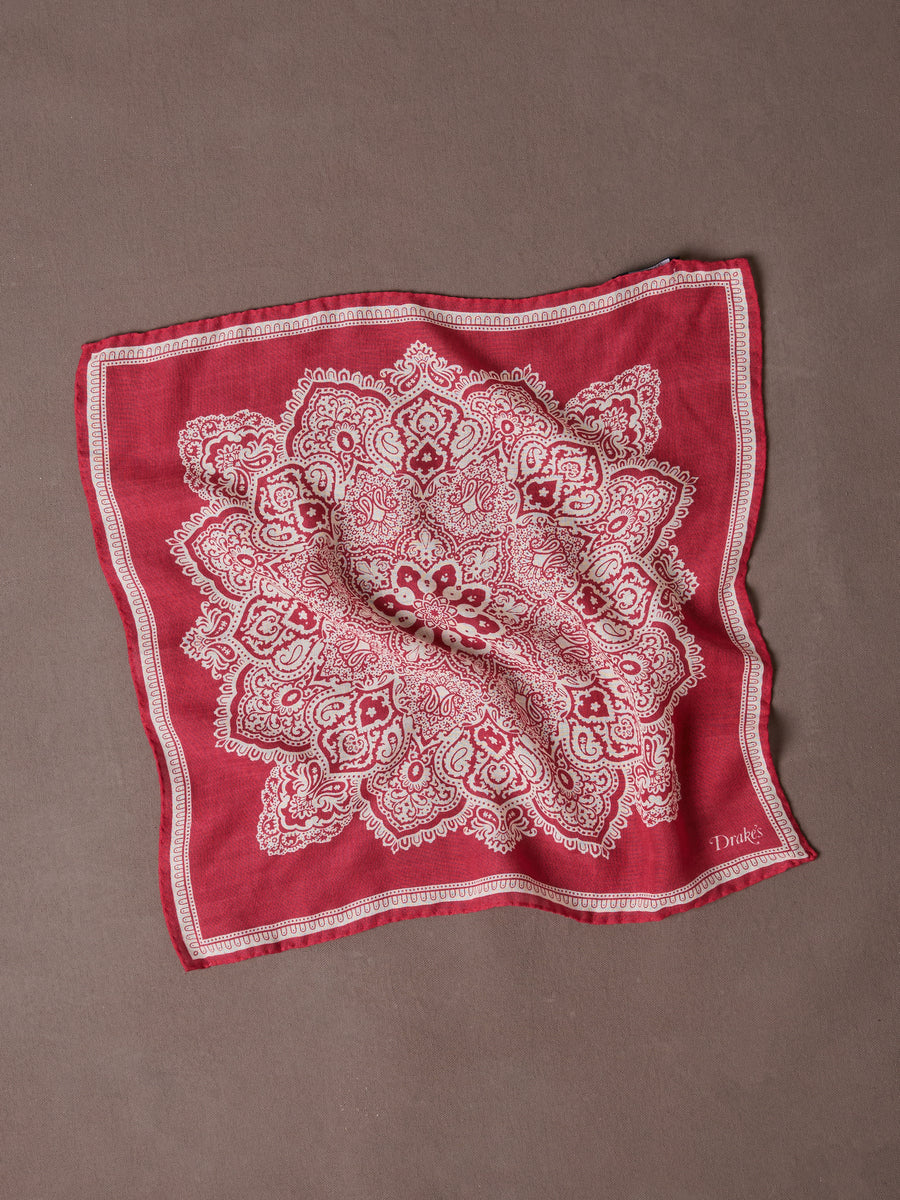 Red Paisley Tile Print Wool-Silk Pocket Square