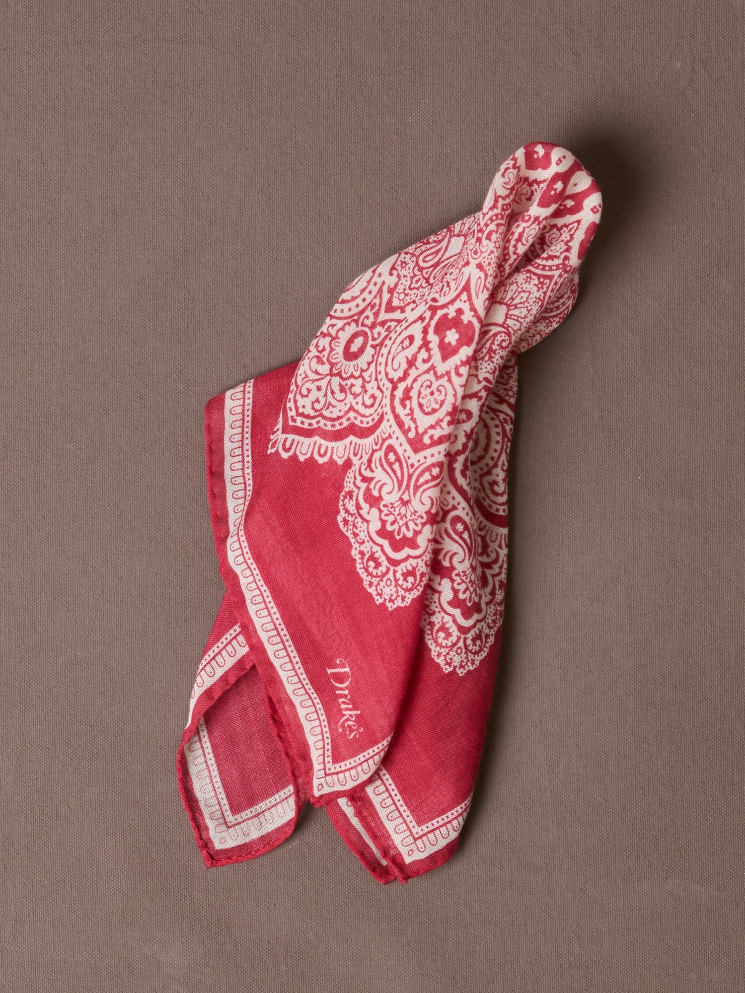 Red Paisley Tile Print Wool-Silk Pocket Square