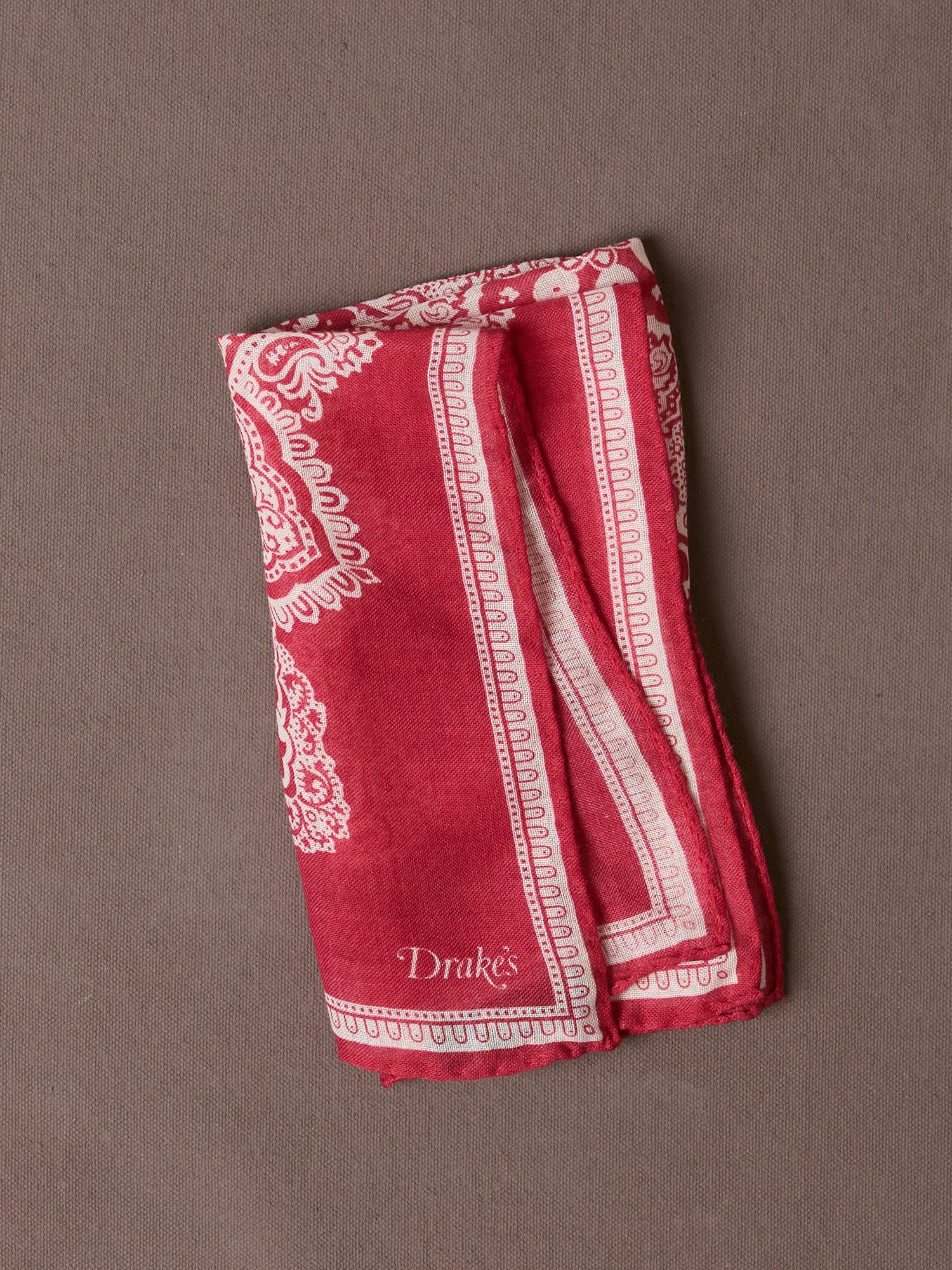 Red Paisley Tile Print Wool-Silk Pocket Square