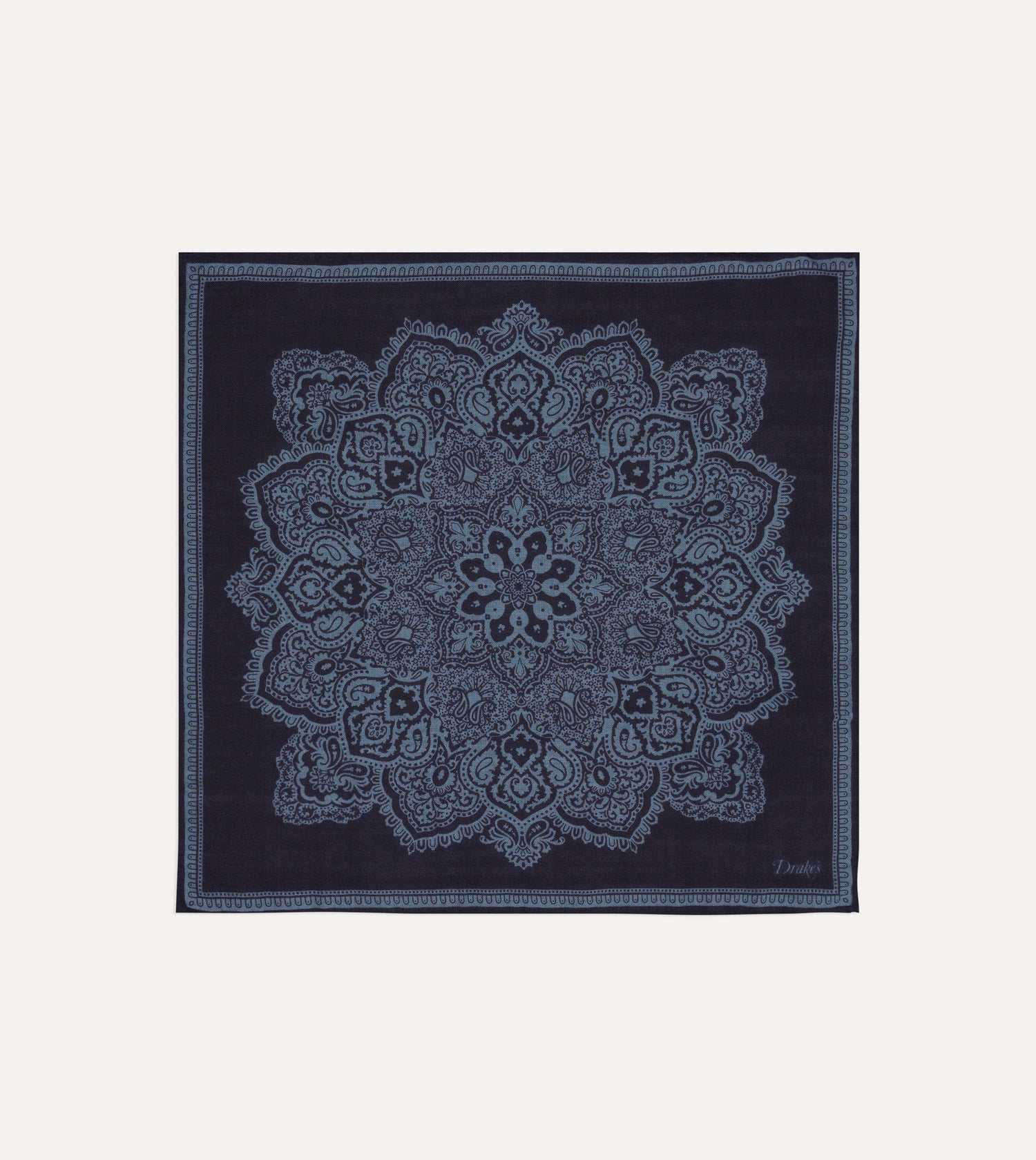 Navy Paisley Tile Print Wool-Silk Pocket Square