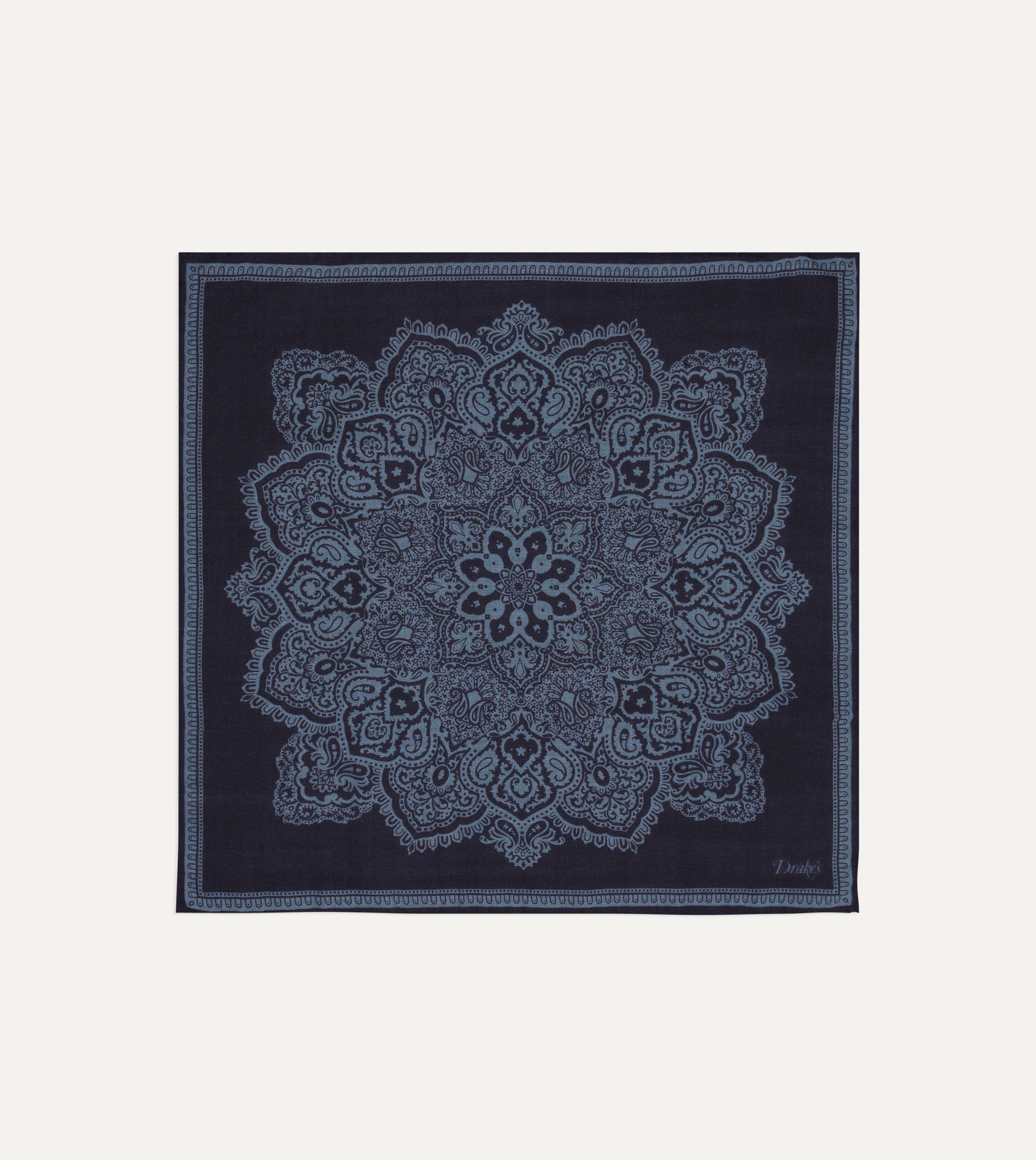 Navy Paisley Tile Print Wool-Silk Pocket Square