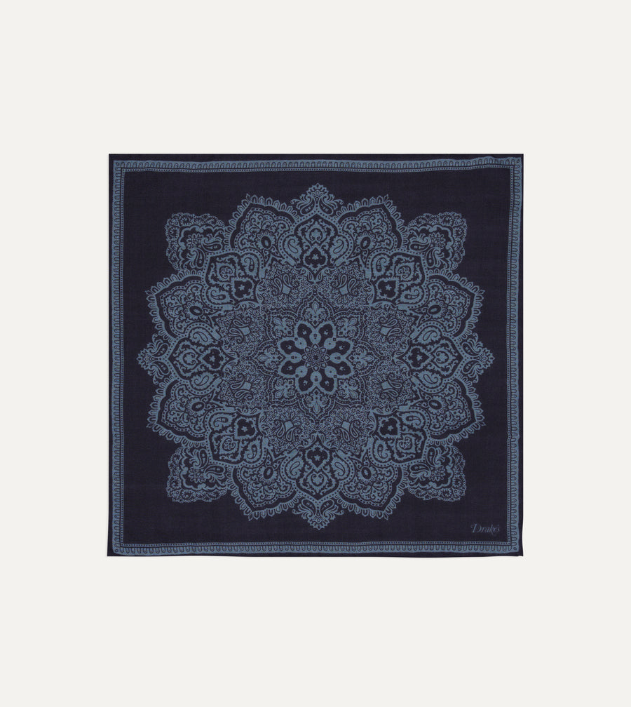 Navy Paisley Tile Print Wool-Silk Pocket Square