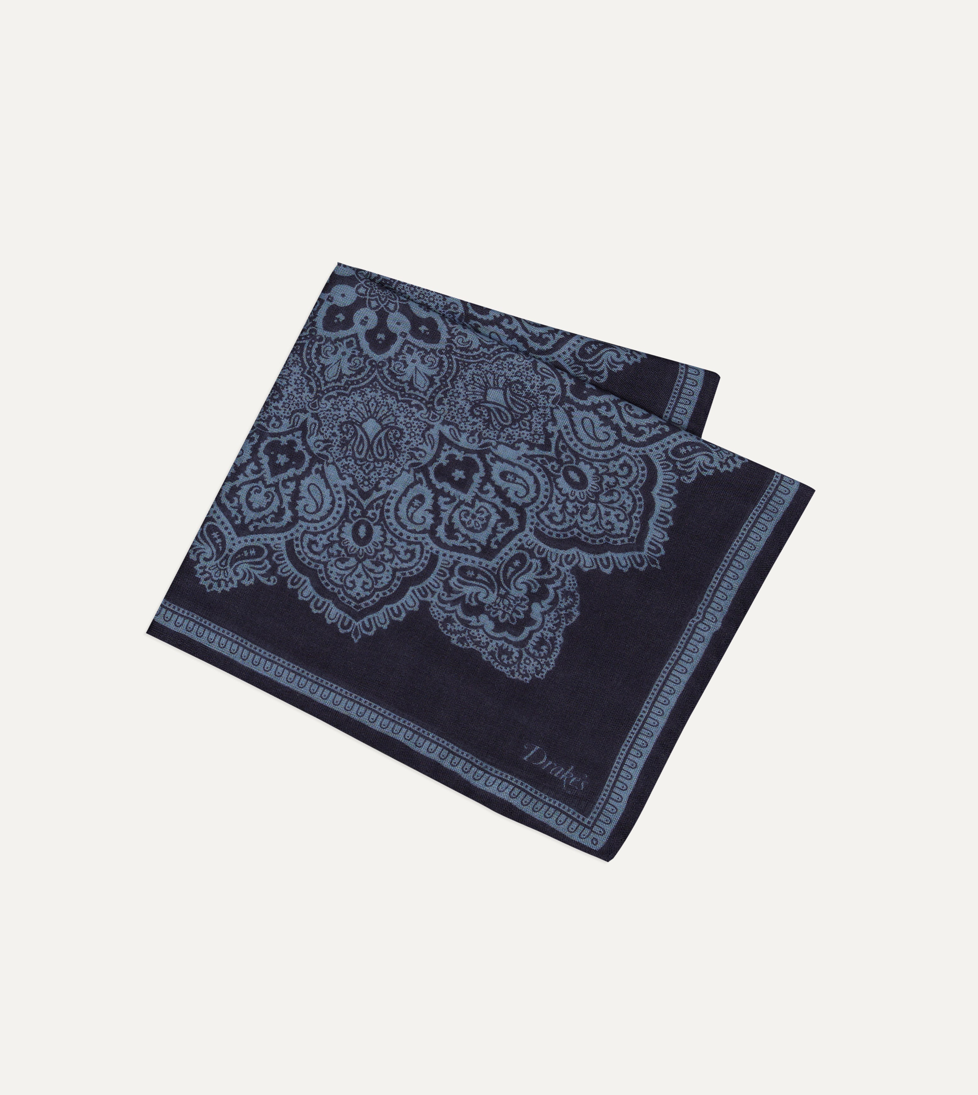 Navy Paisley Tile Print Wool-Silk Pocket Square