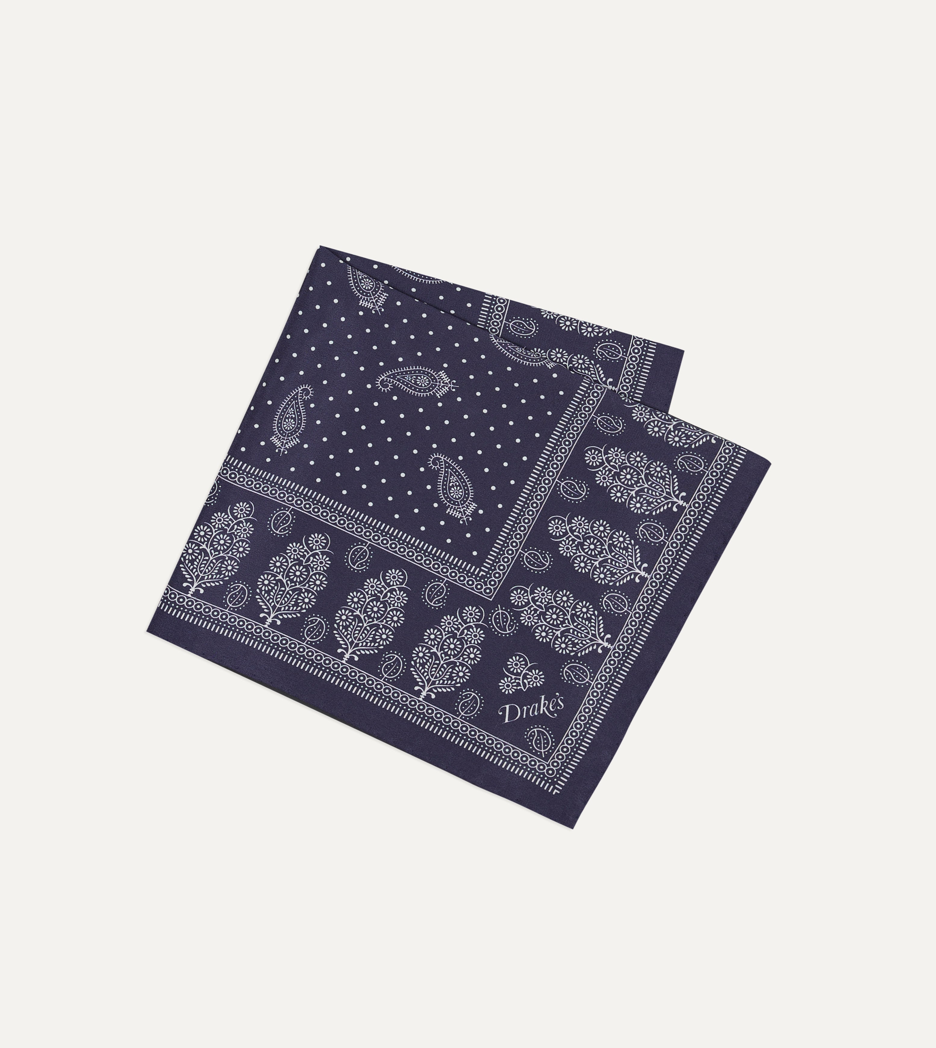 Navy Paisley Spot Print Silk Pocket Square