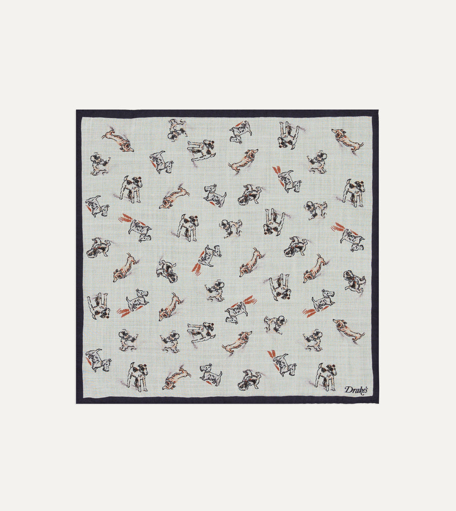 Ecru Dogs Print Wool-Silk Pocket Square