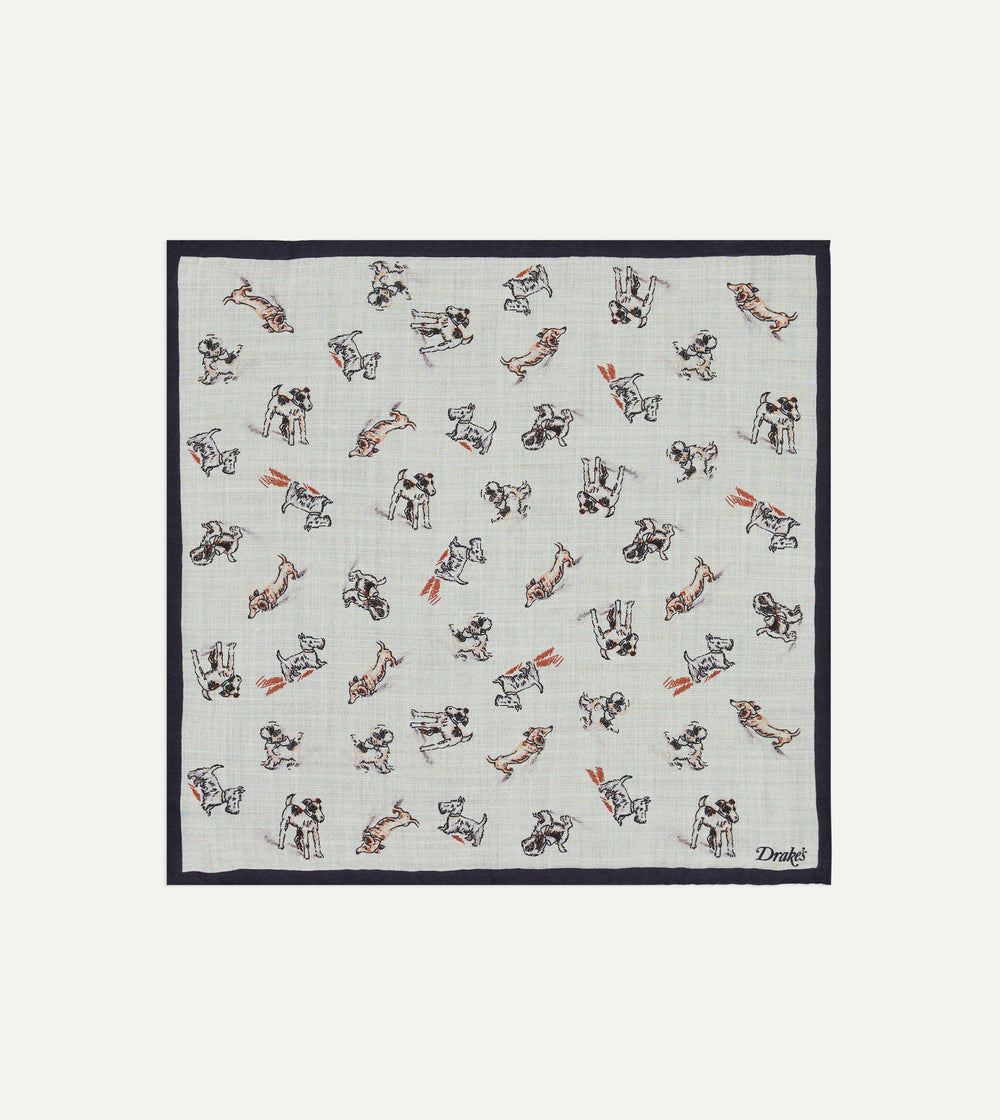 Ecru Dogs Print Wool-Silk Pocket Square