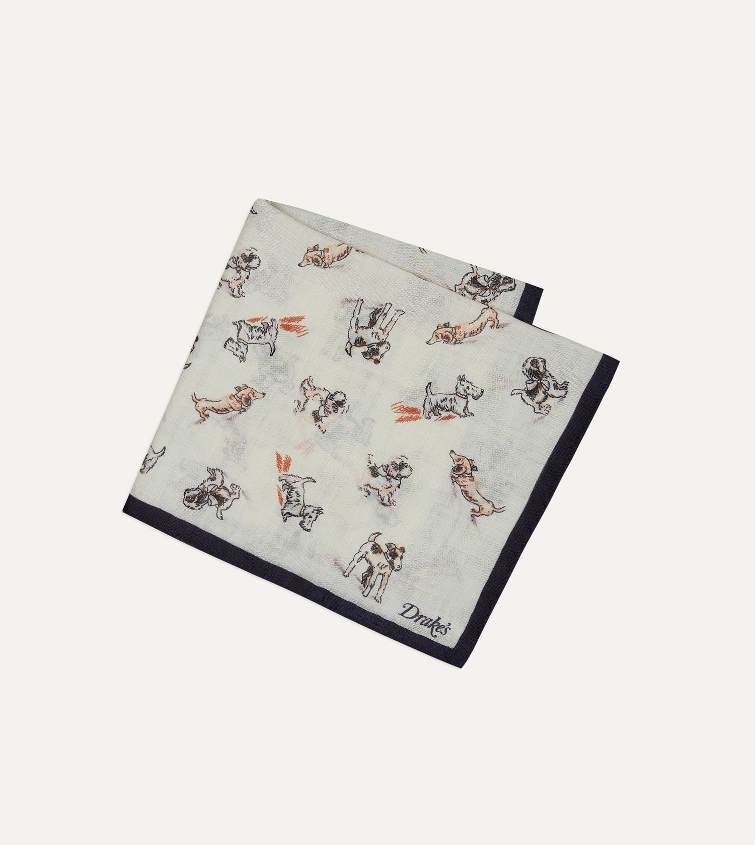 Ecru Dogs Print Wool-Silk Pocket Square