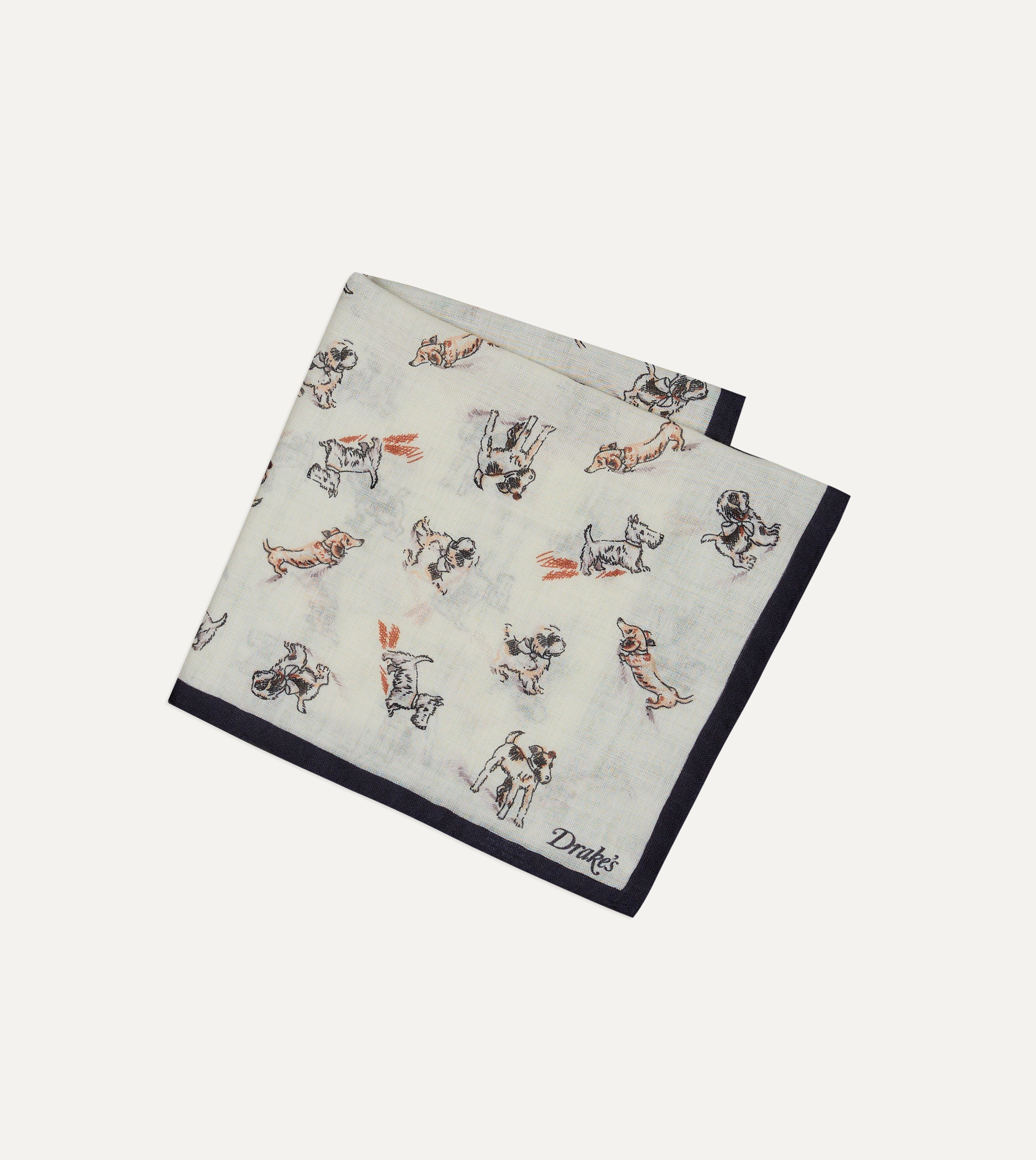 Ecru Dogs Print Wool-Silk Pocket Square