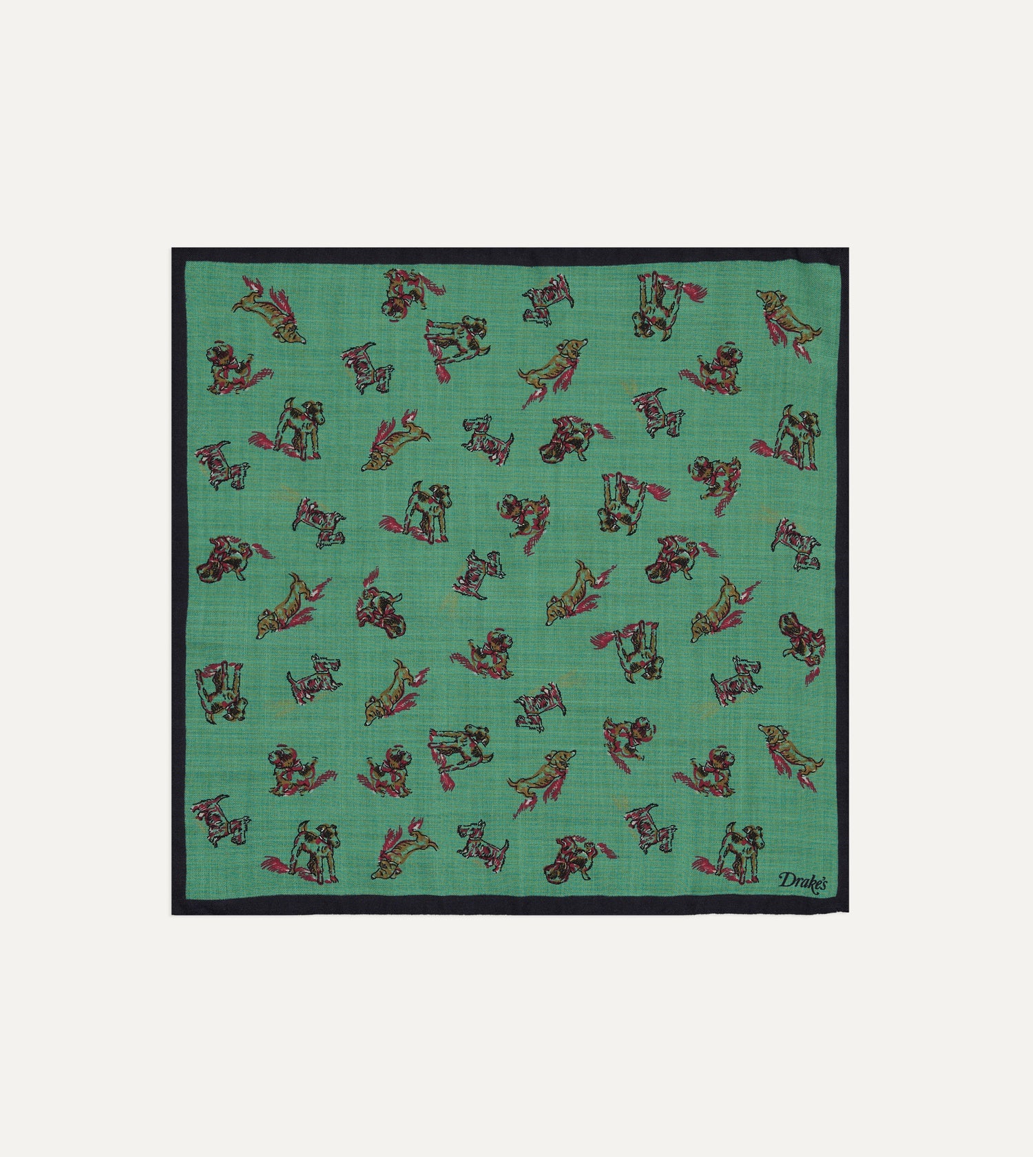 Green Dogs Print Wool-Silk Pocket Square
