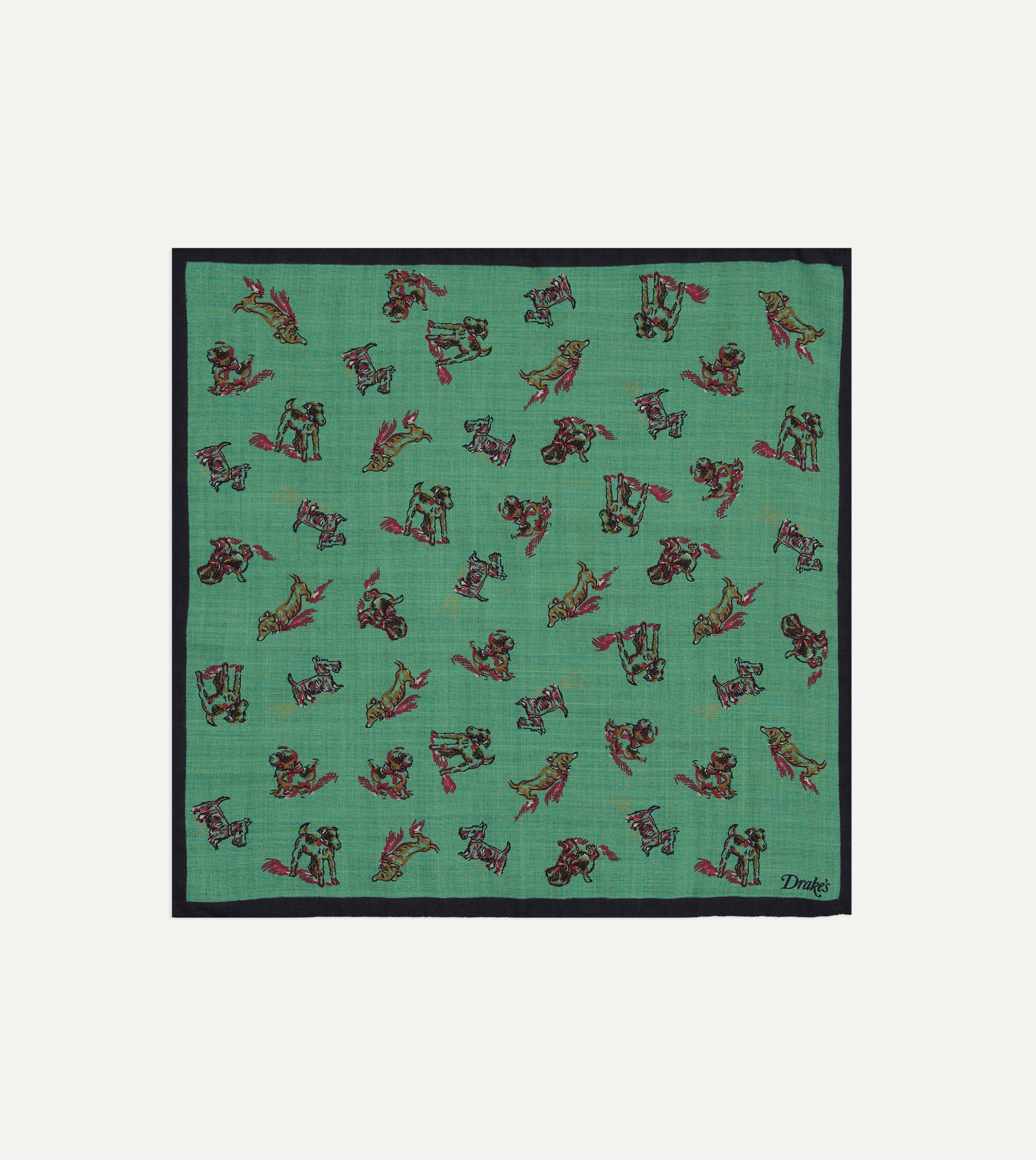Green Dogs Print Wool-Silk Pocket Square