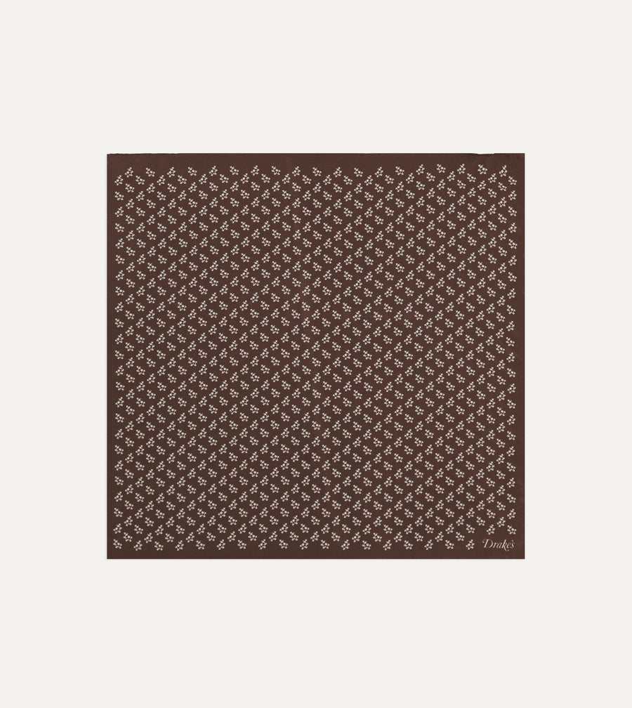 Brown Small Floral Print Silk Pocket Square