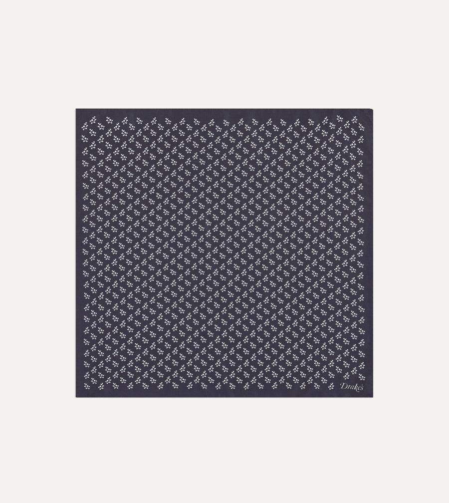 Navy Small Floral Print Silk Pocket Square