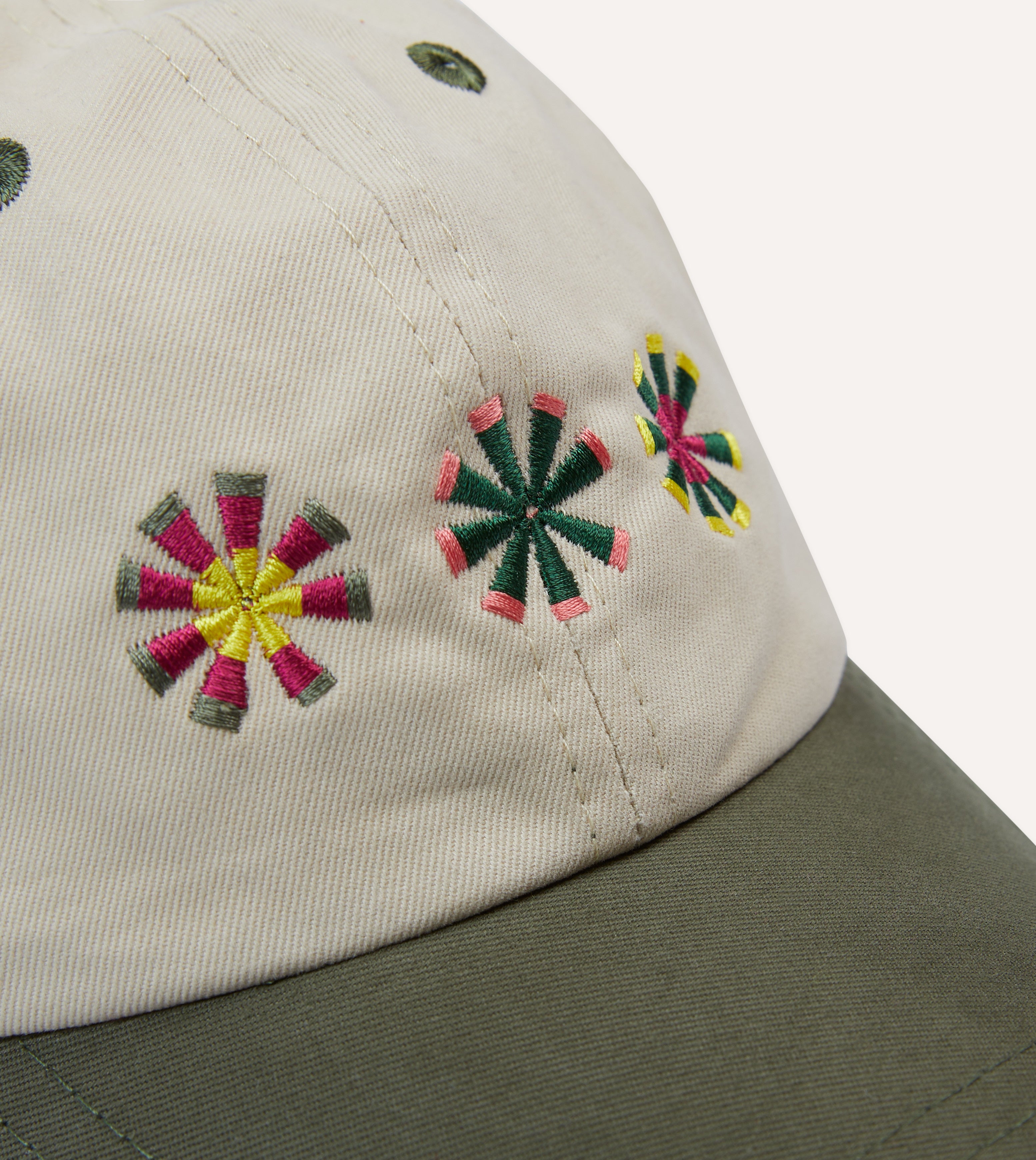 Ecru and Green Kantha Suns Emblem Cotton Baseball Cap Ecru and Green Kantha Suns Emblem Cotton Baseball Cap
