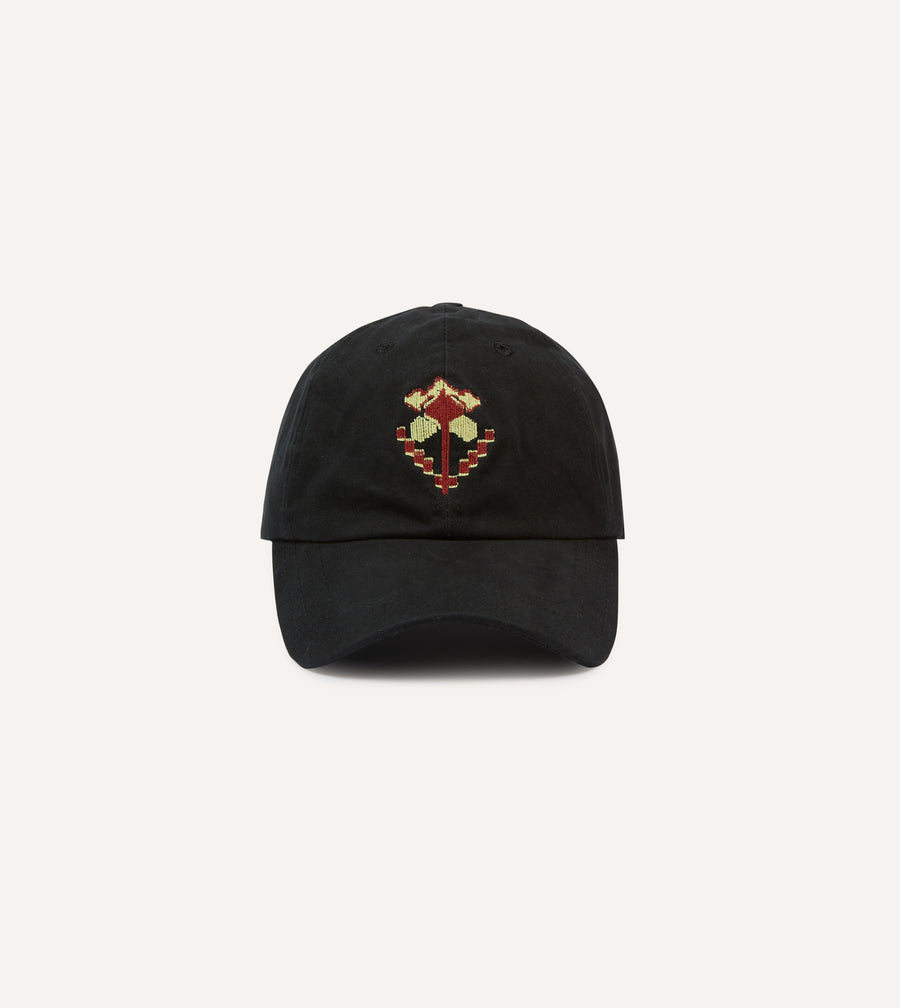 Washed Black Flower Emblem Cotton Baseball Cap